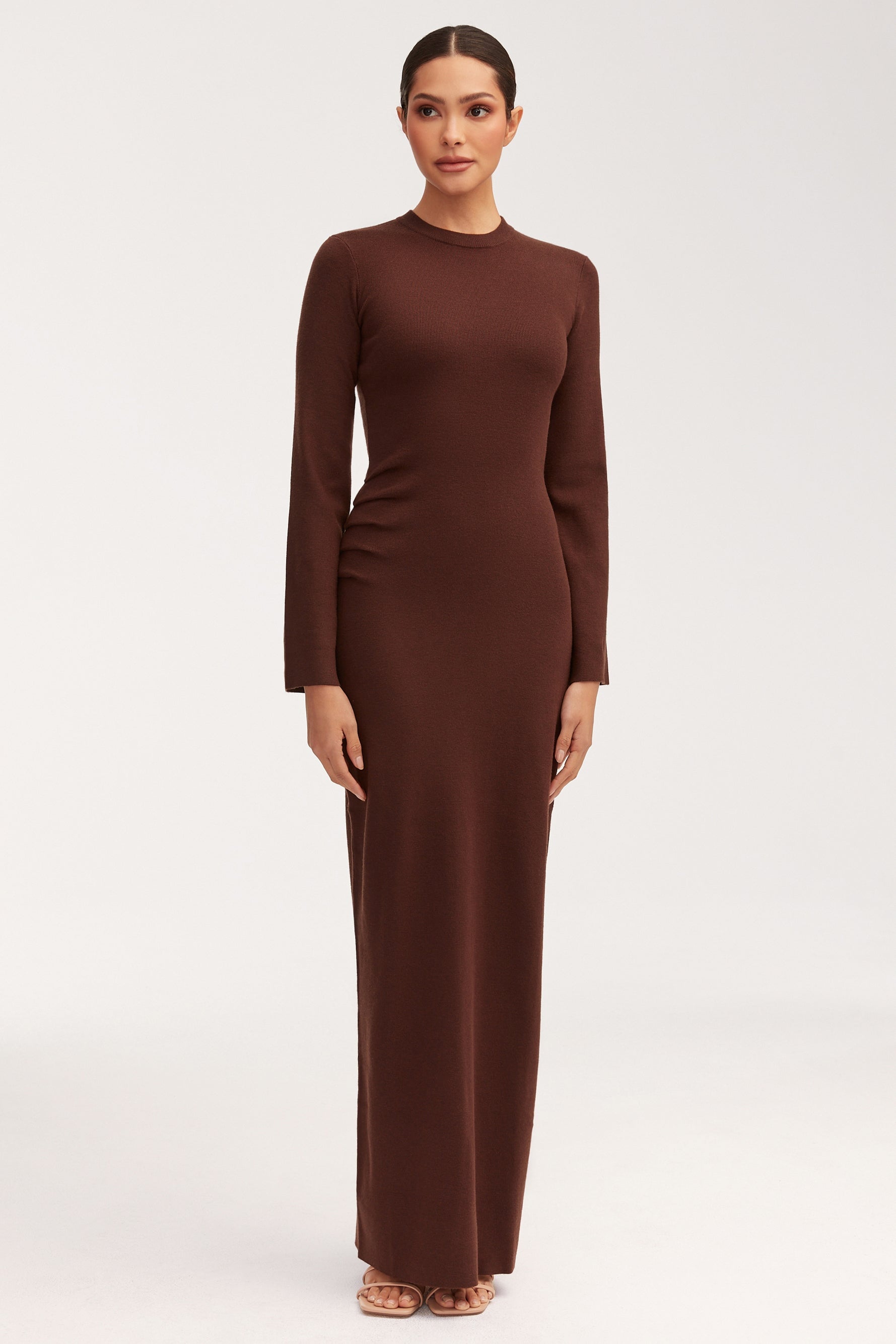 Abigail Rouched Knit Maxi Dress - Dark Brown Dresses Veiled 