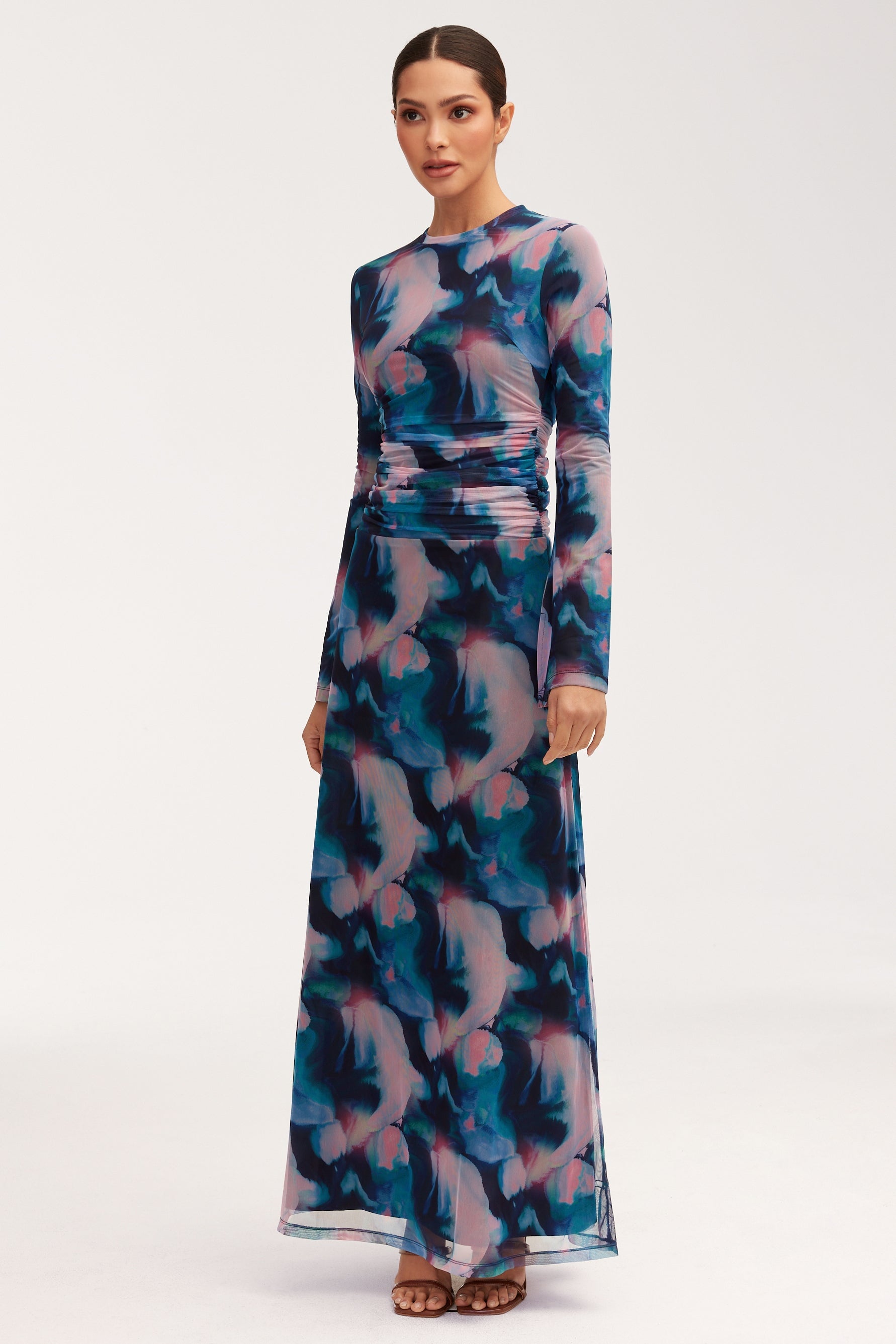 Adelina Rouched Mesh Maxi Dress - Blue Tie Dye Dresses Veiled 