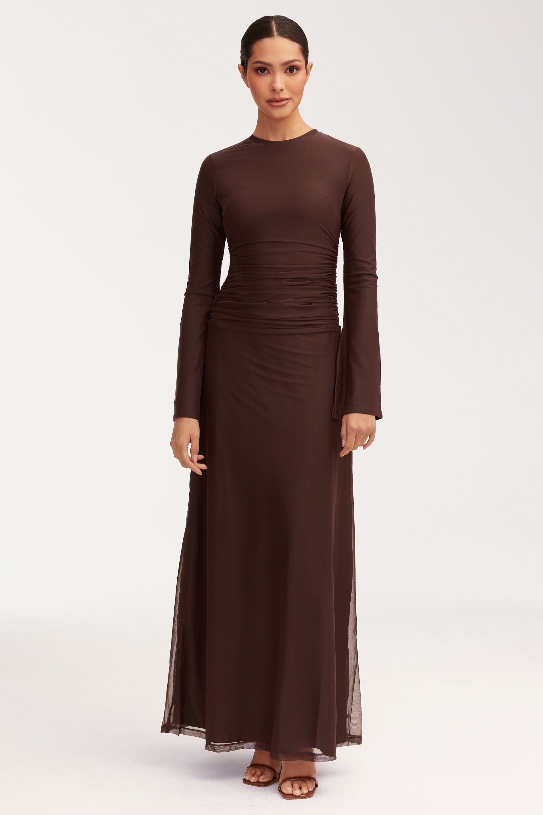 Adelina Rouched Mesh Maxi Dress - Chocolate Plum Dresses Veiled 