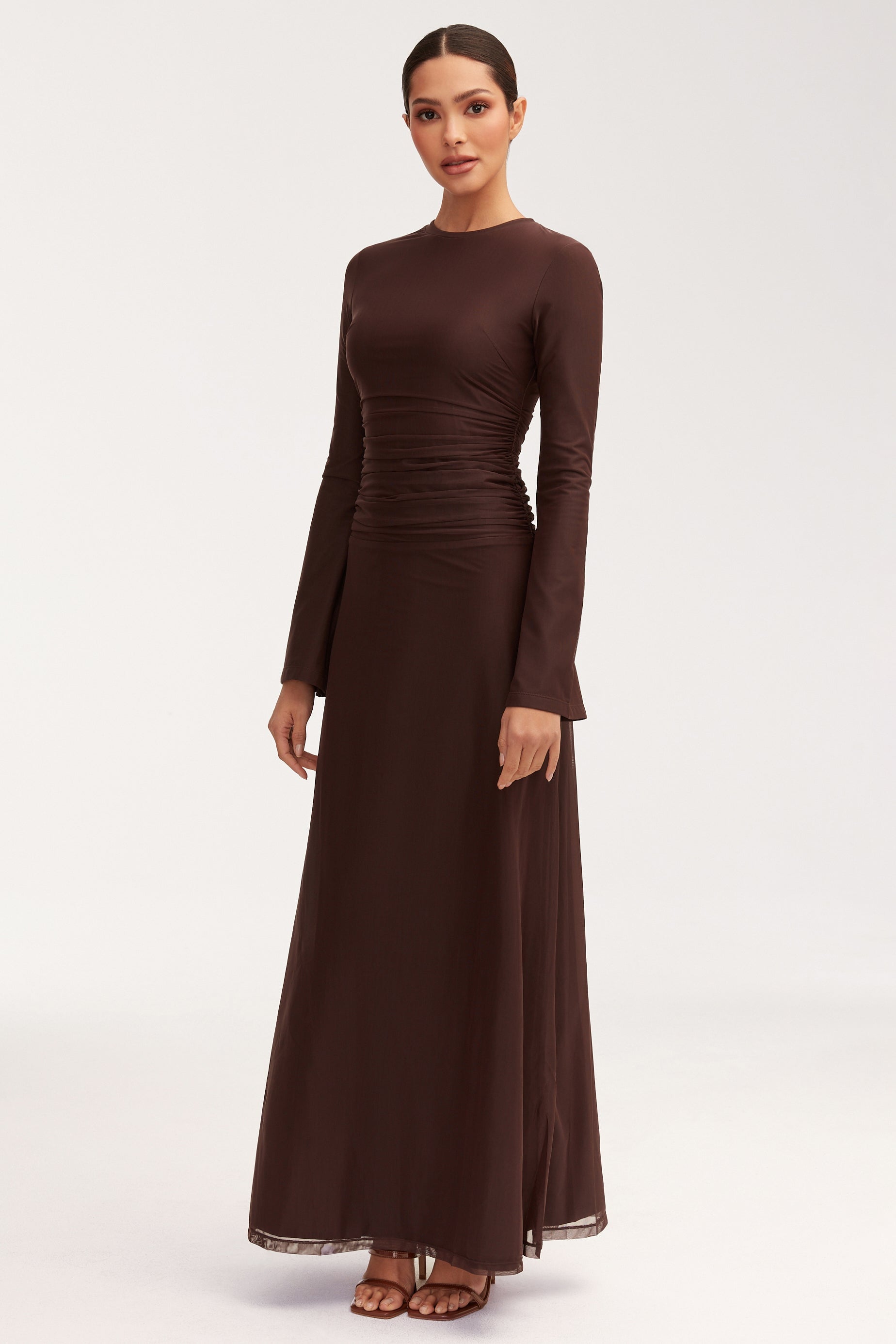 Adelina Rouched Mesh Maxi Dress - Chocolate Plum Dresses Veiled 