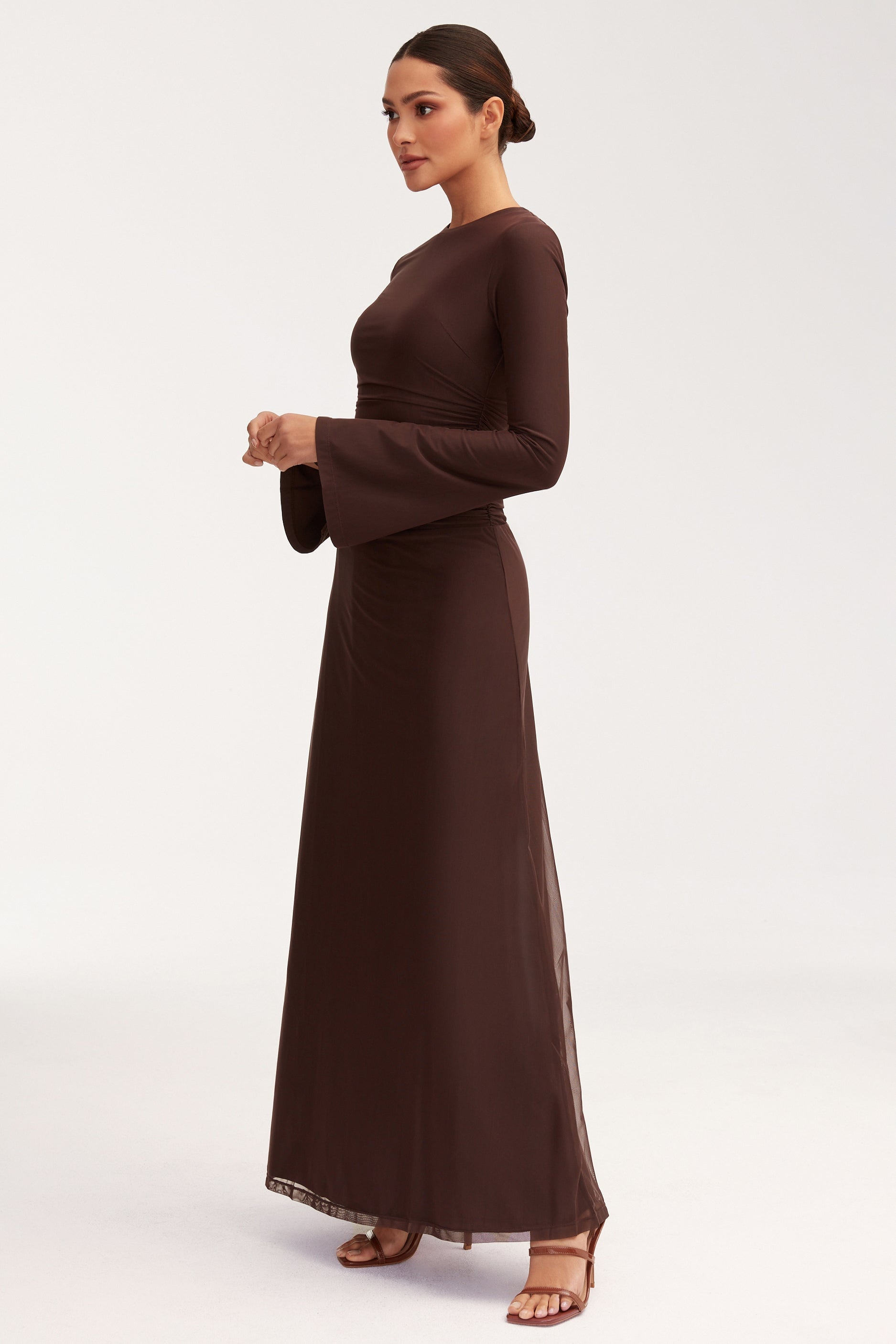 Adelina Rouched Mesh Maxi Dress - Chocolate Plum Dresses Veiled 