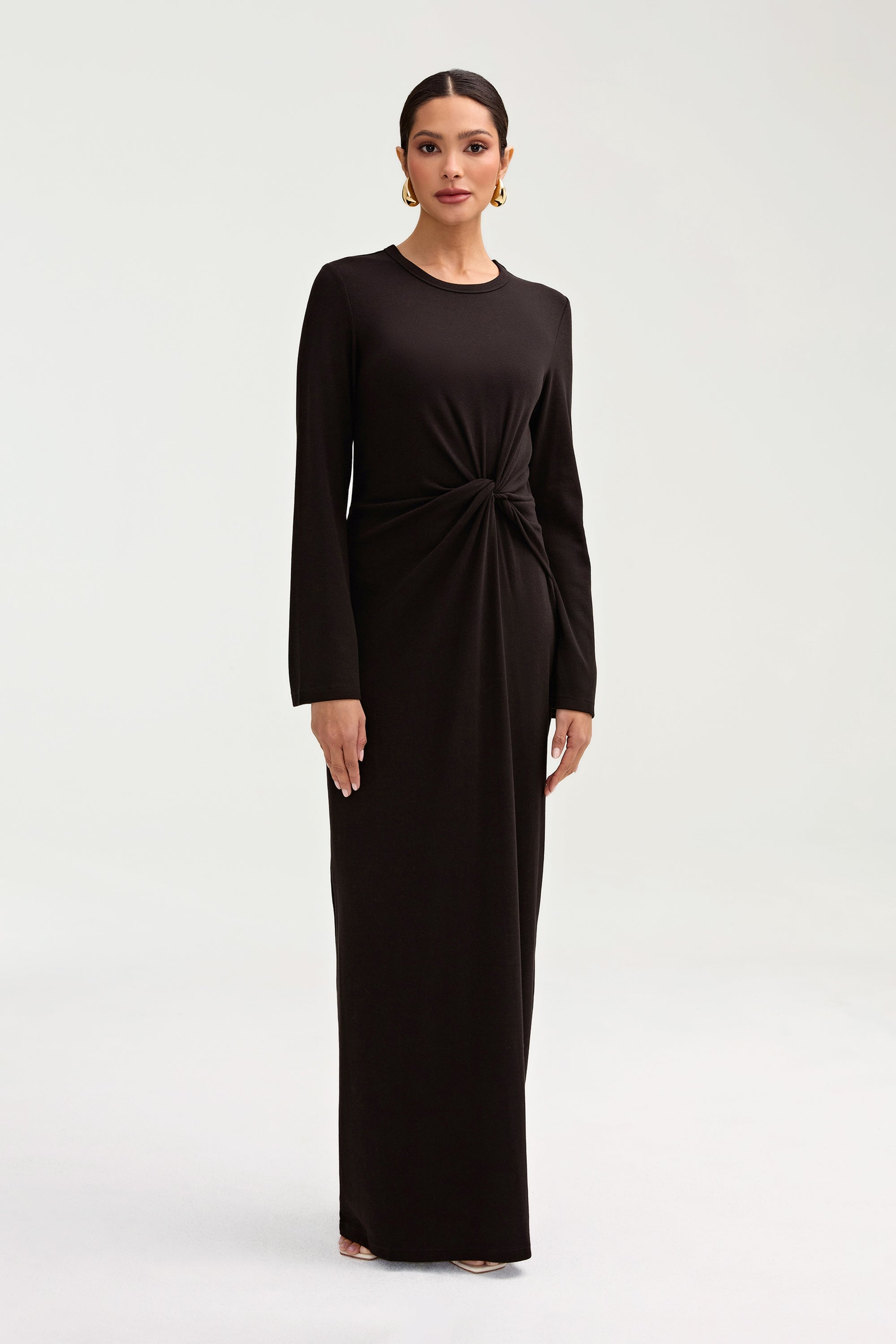 Aissia Ribbed Twist Front Maxi Dress - Black Clothing Veiled 