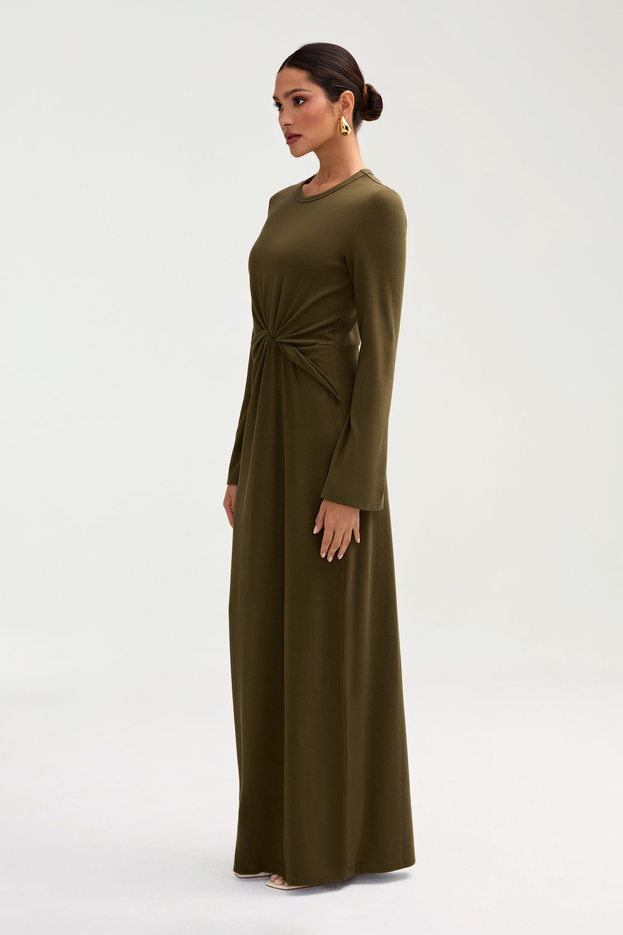 Aissia Ribbed Twist Front Maxi Dress - Olive Night Clothing Veiled 