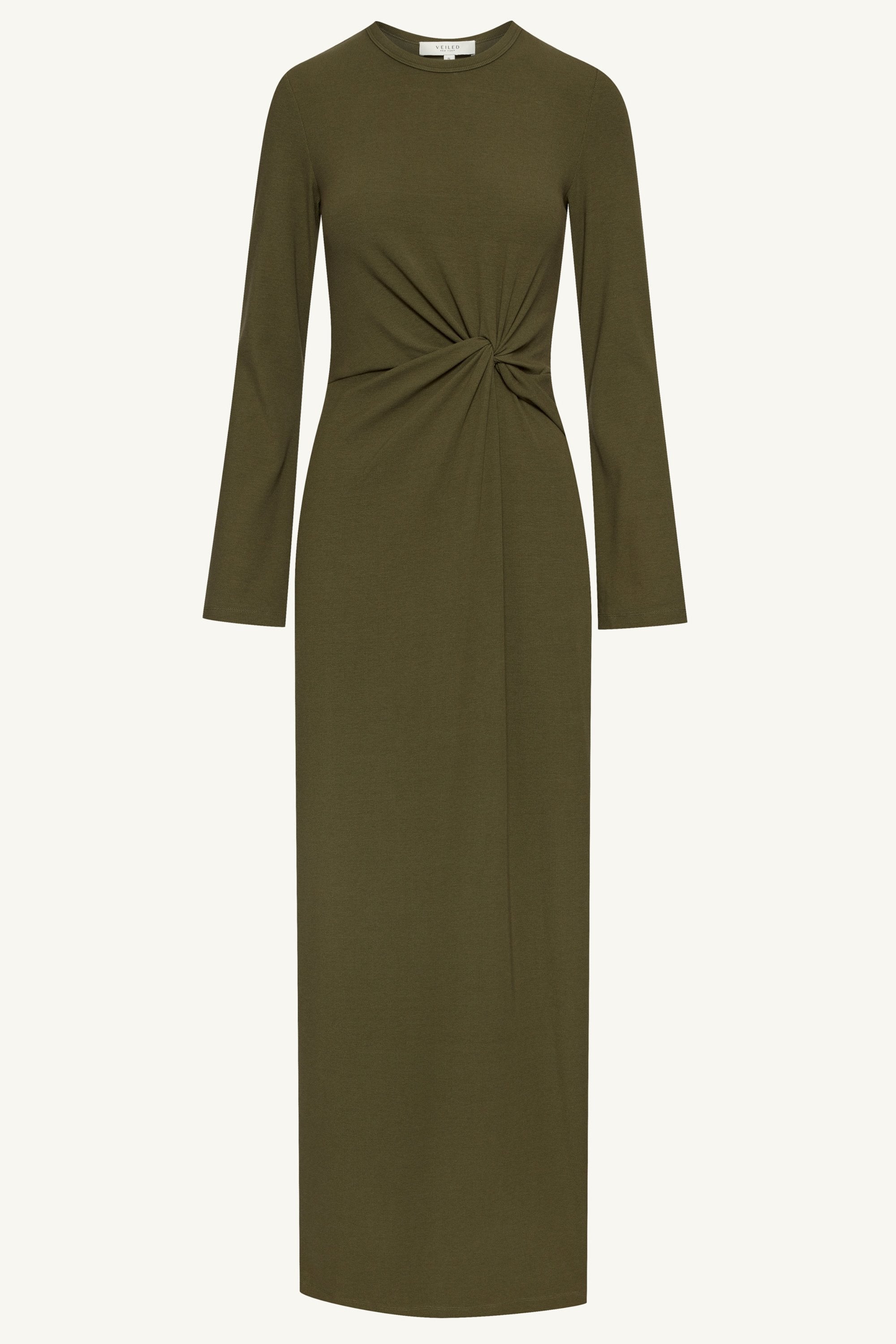 Aissia Ribbed Twist Front Maxi Dress - Olive Night Clothing Veiled 