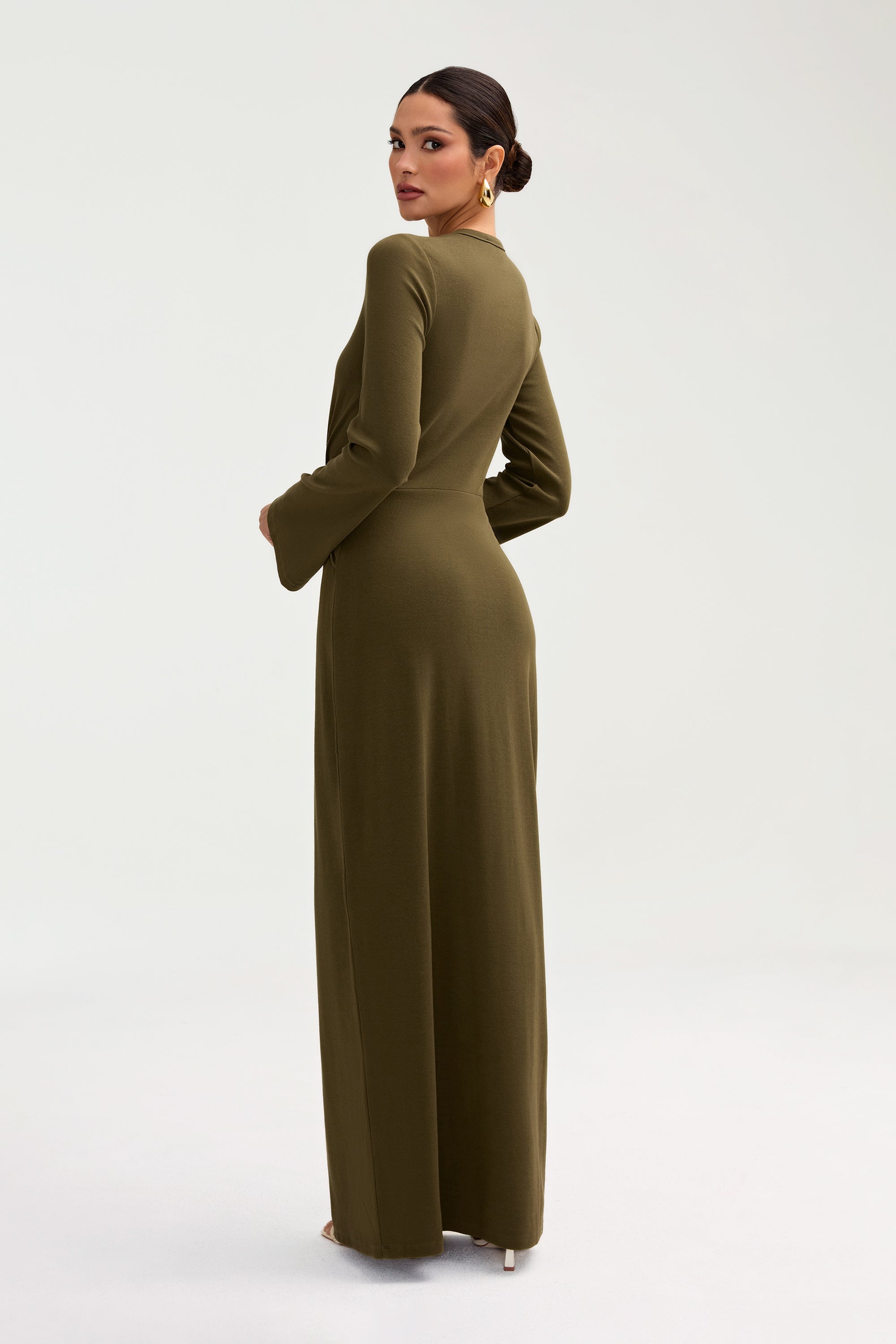 Aissia Ribbed Twist Front Maxi Dress - Olive Night Clothing Veiled 