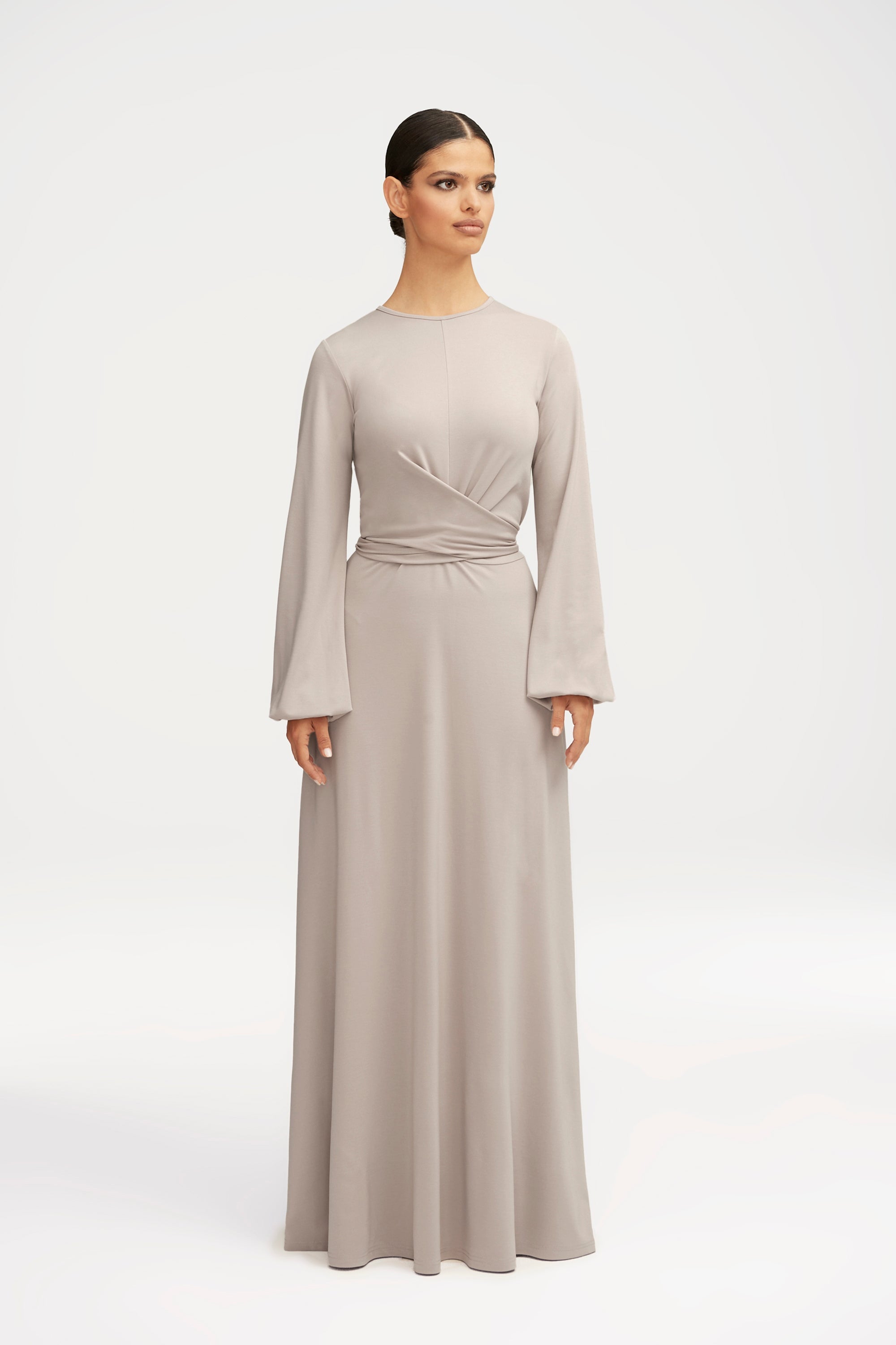 Alice Jersey Tie Waist Maxi Dress - Light Grey Clothing Veiled 