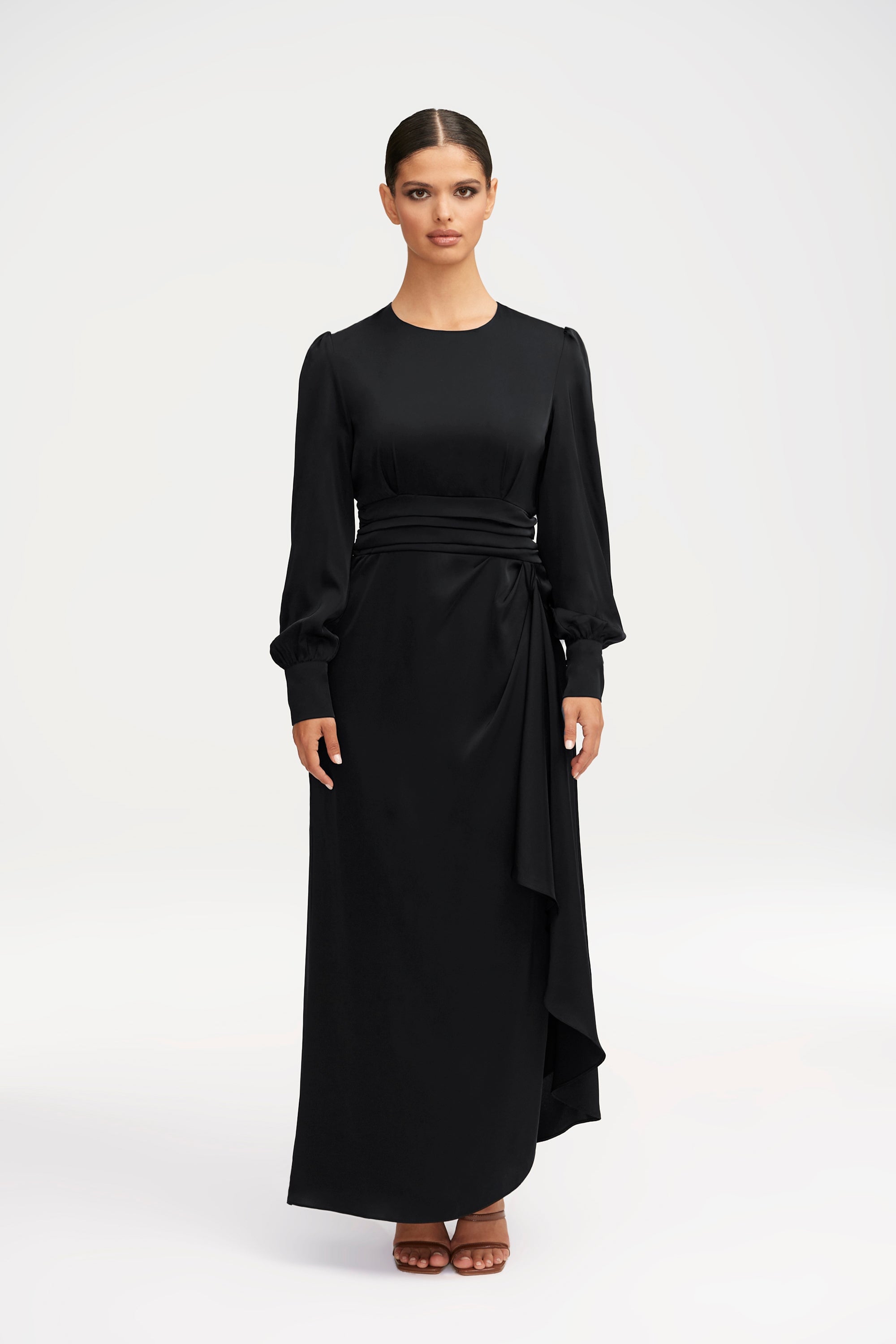 Anabelle Pleated Waist Ruffle Maxi Dress - Black Clothing Veiled 