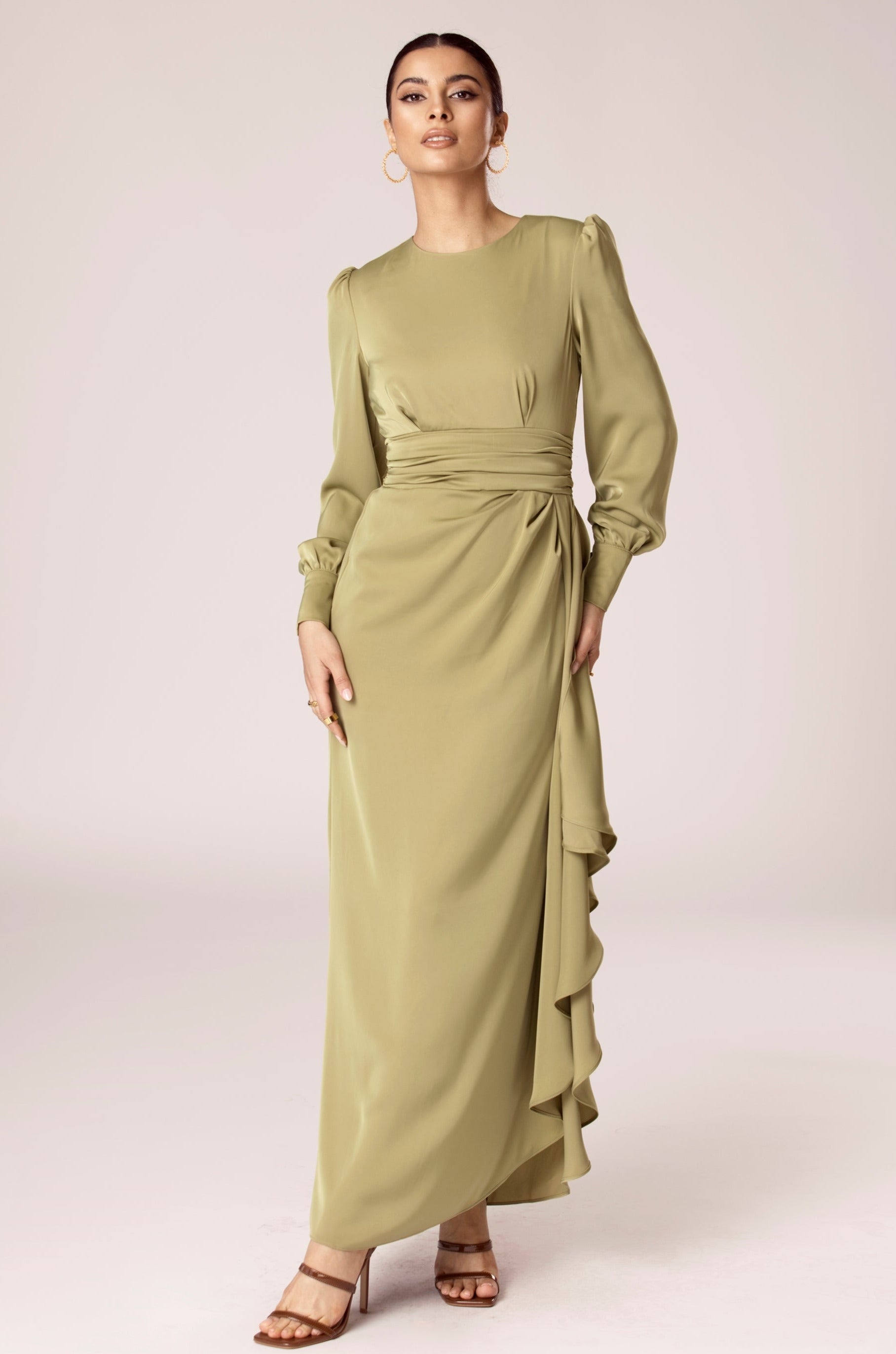 Anabelle Pleated Waist Ruffle Maxi Dress - Cypress Green Veiled Collection 