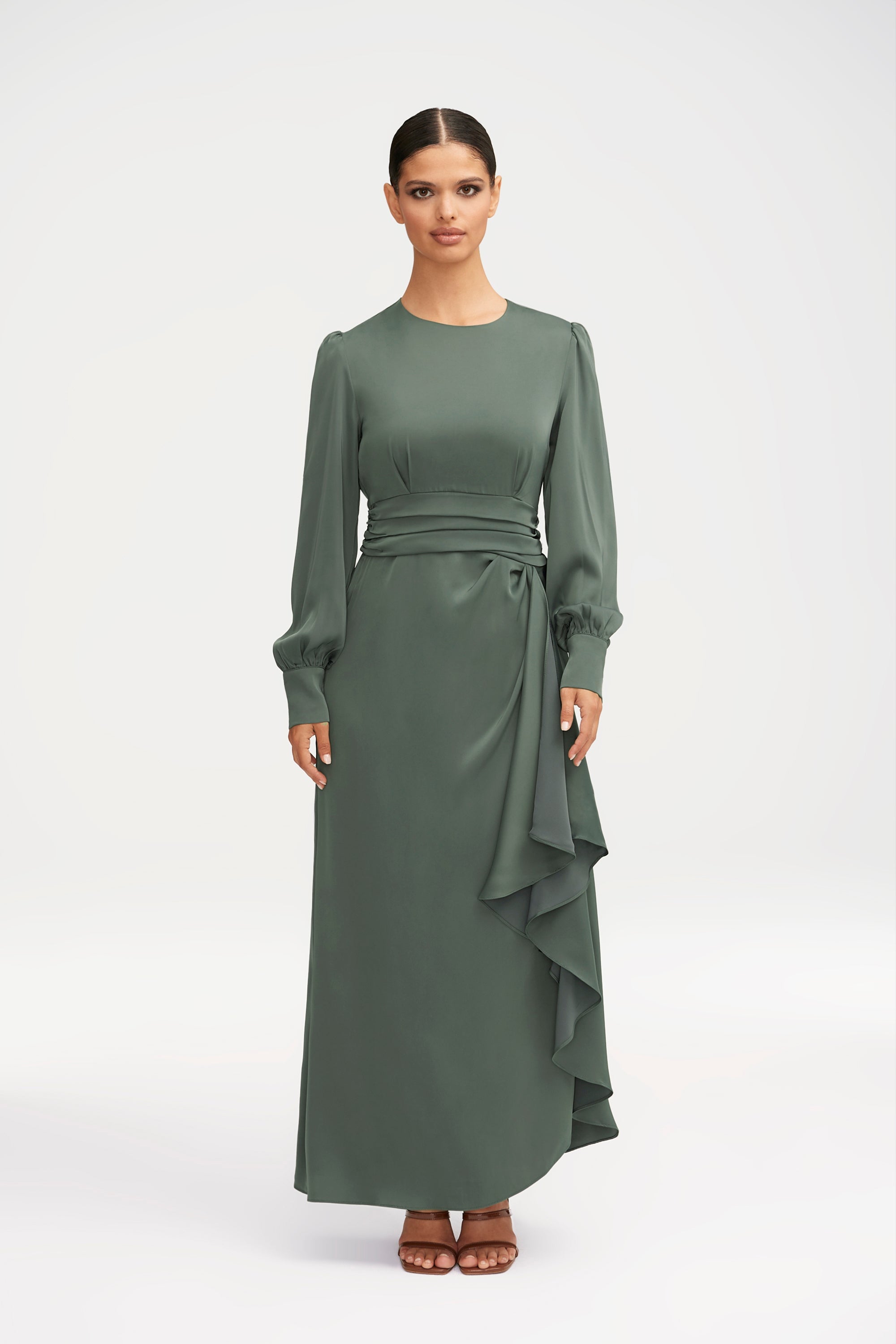 Anabelle Pleated Waist Ruffle Maxi Dress - Dark Cactus Clothing Veiled 