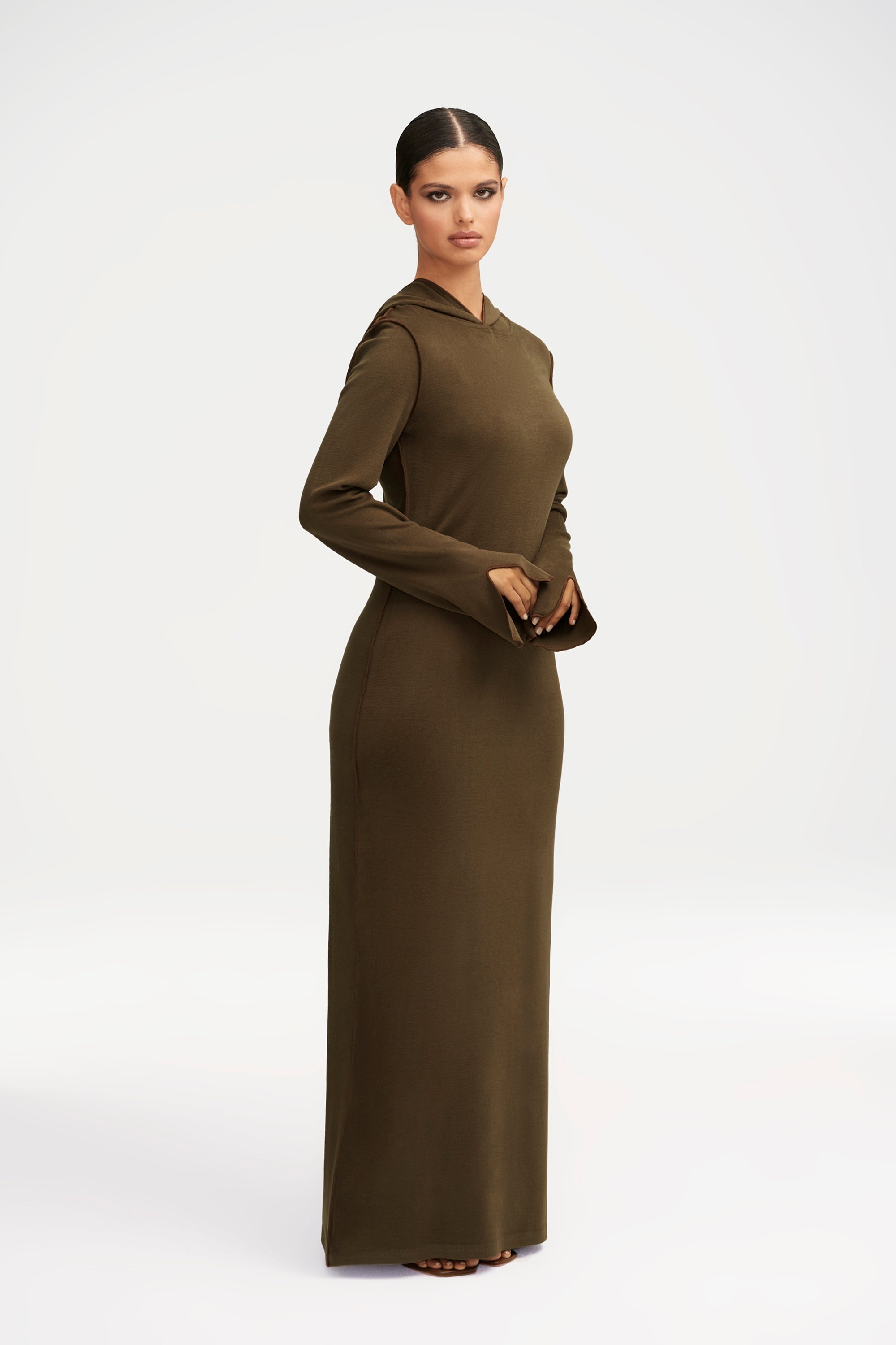 Ava Sweater Hoodie Maxi Dress - Dark Olive Clothing Veiled 