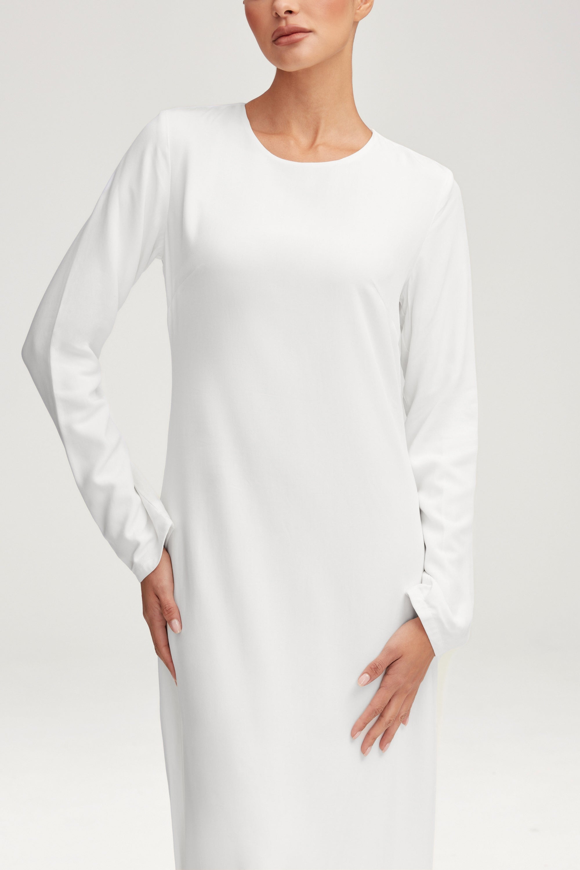 Basic Long Sleeve Maxi Dress - White Clothing Veiled 