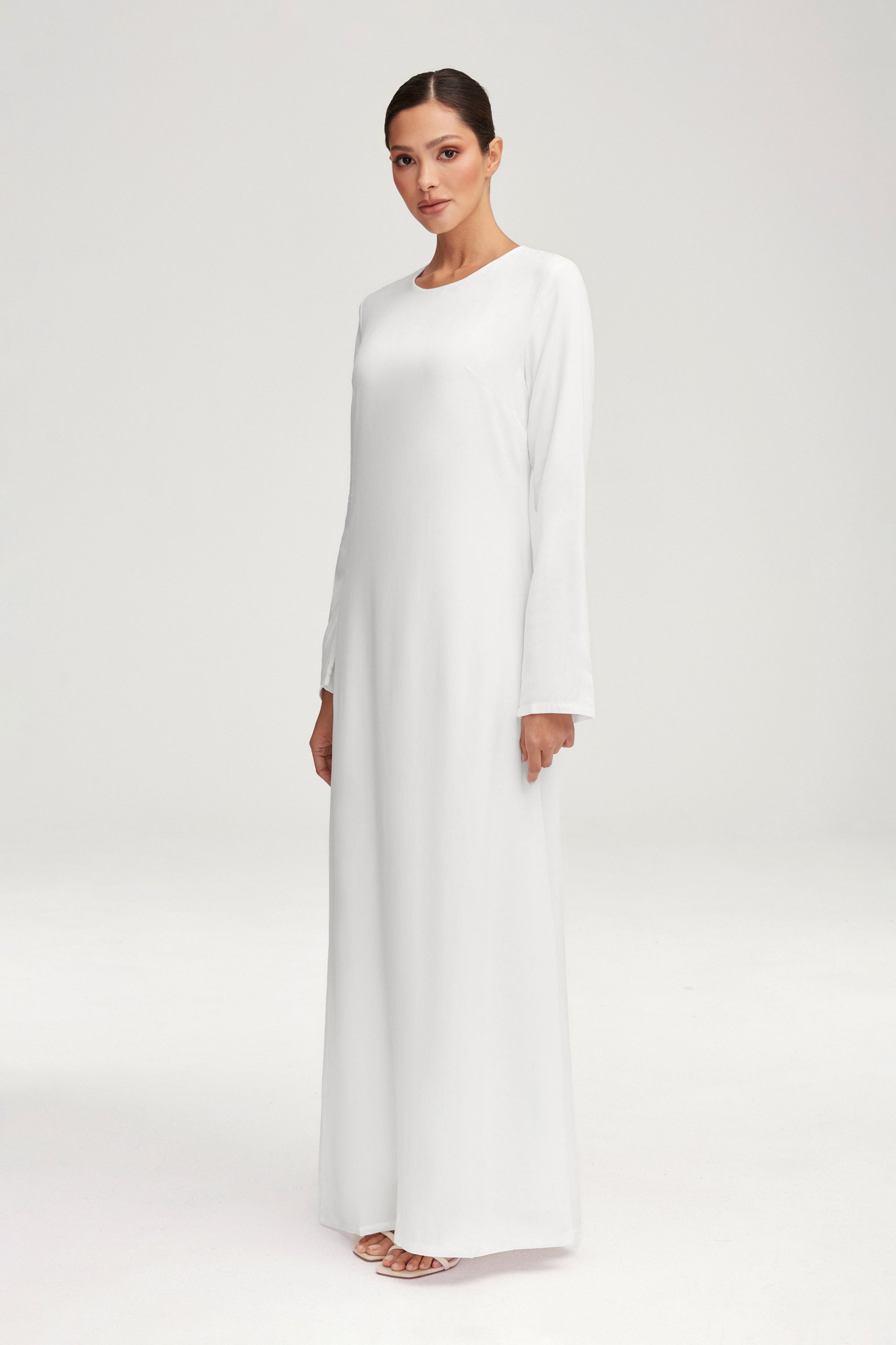 Basic Long Sleeve Maxi Dress - White Clothing Veiled 