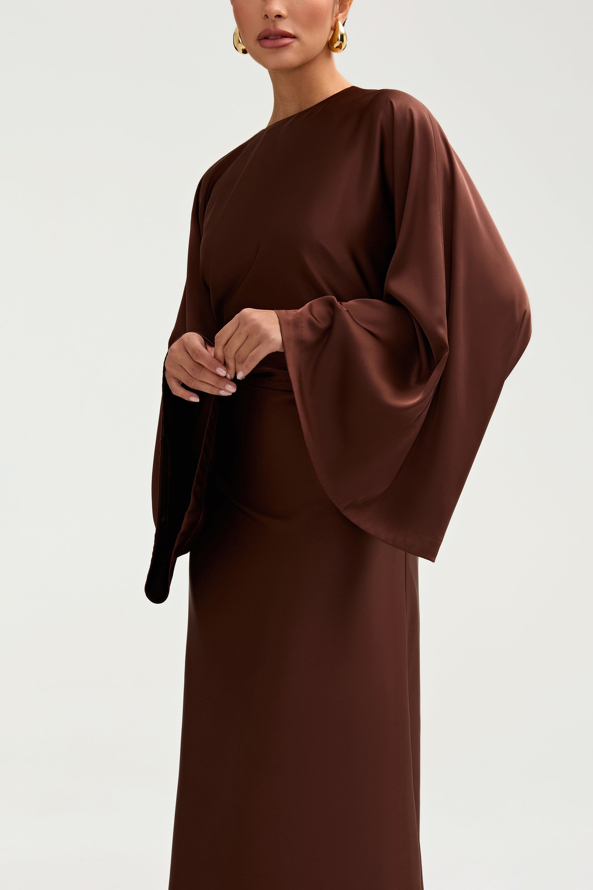 Batool Satin Maxi Dress - Chocolate Clothing Veiled 