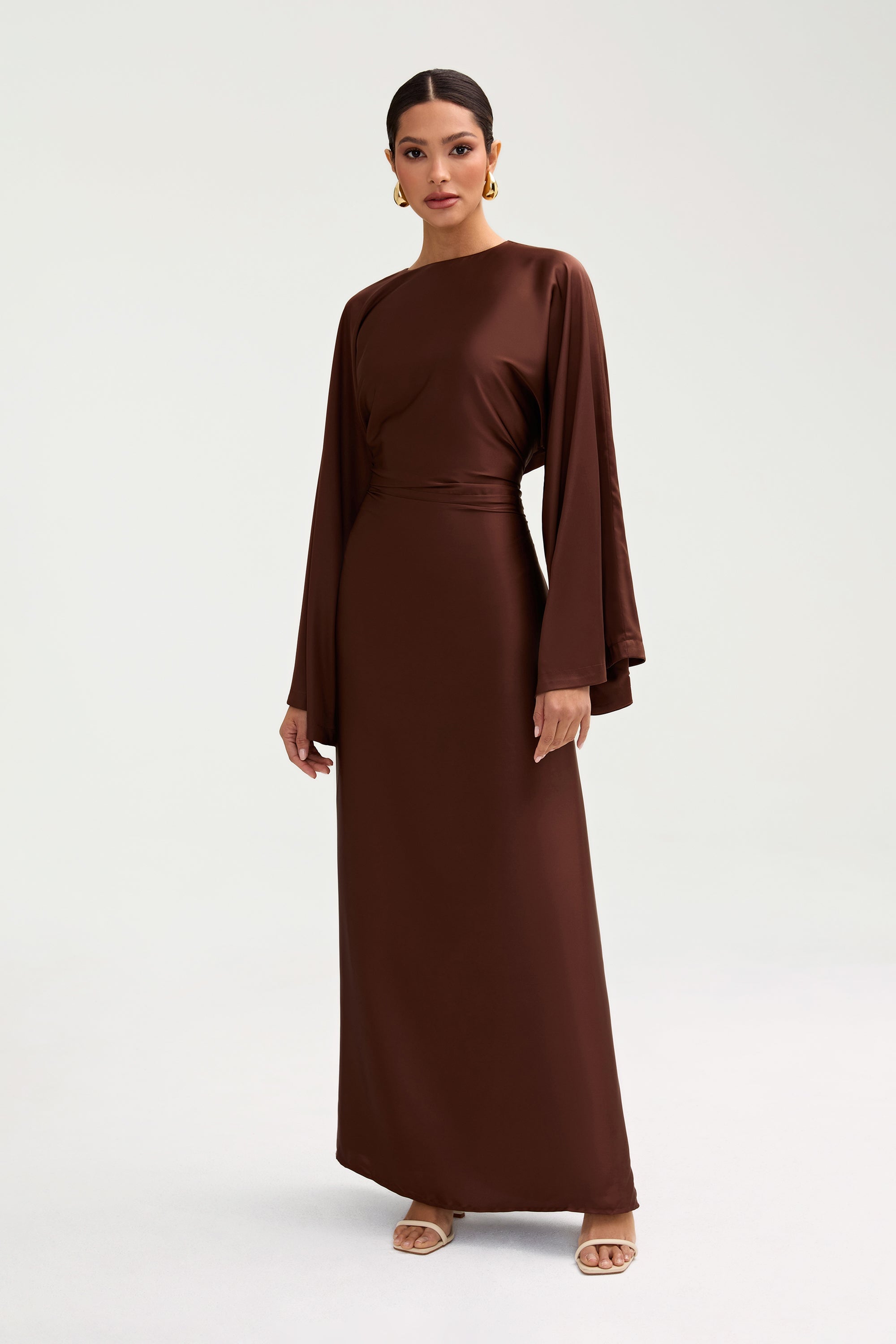 Batool Satin Maxi Dress - Chocolate Clothing Veiled 