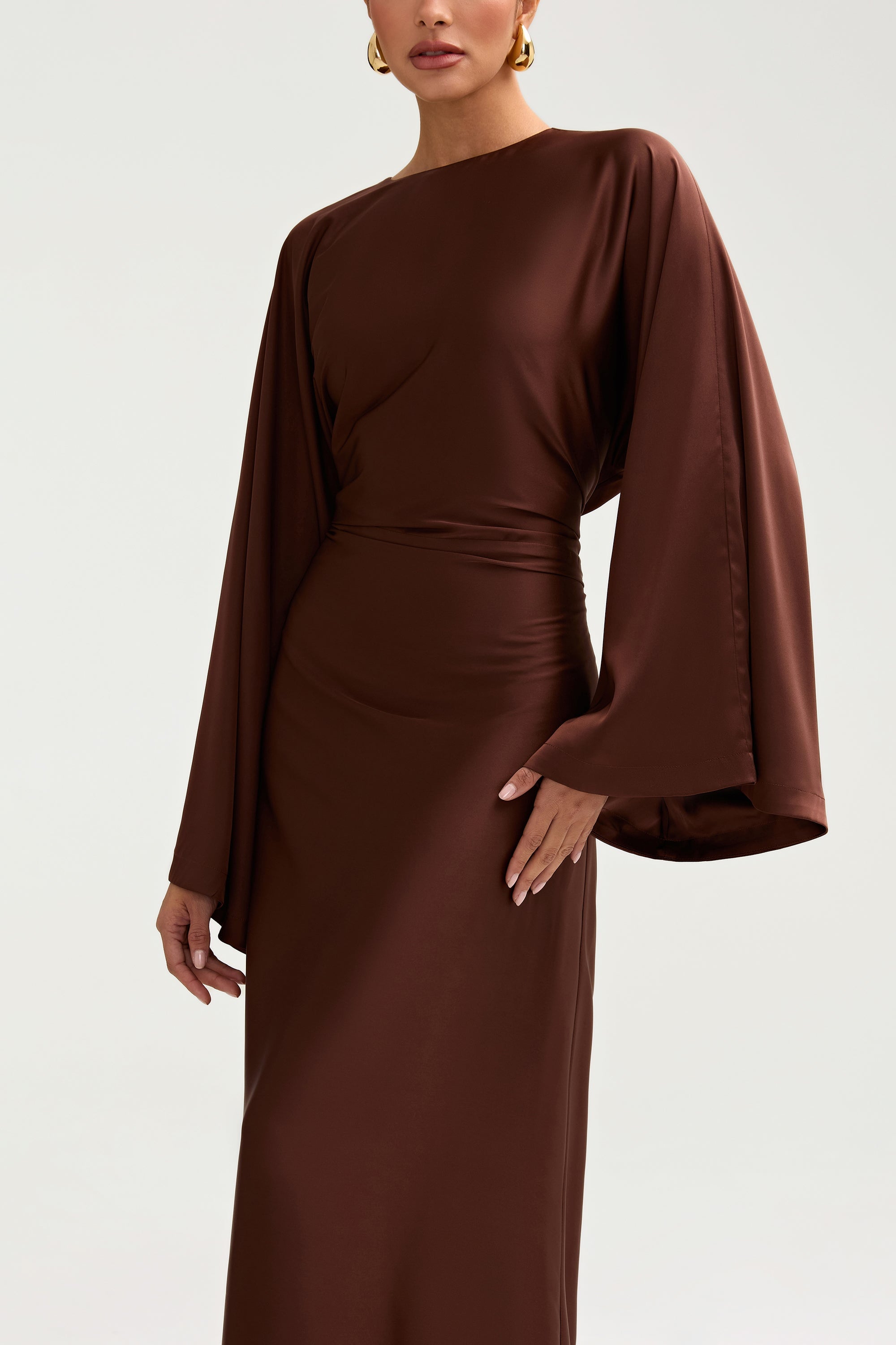 Batool Satin Maxi Dress - Chocolate Clothing Veiled 