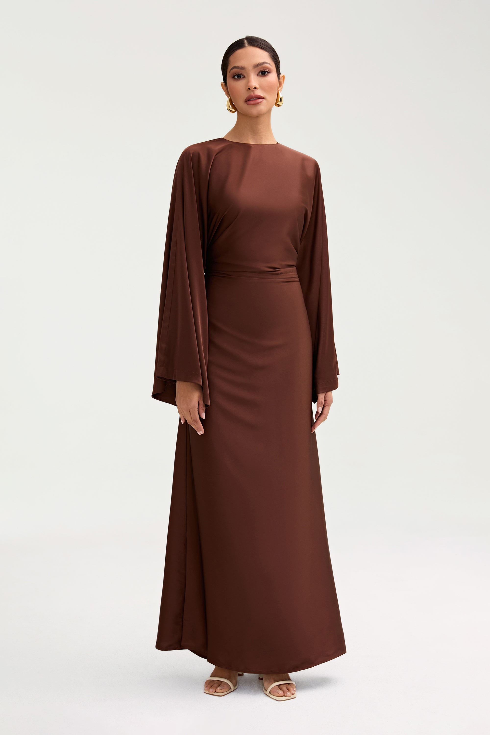 Batool Satin Maxi Dress - Chocolate Clothing Veiled 