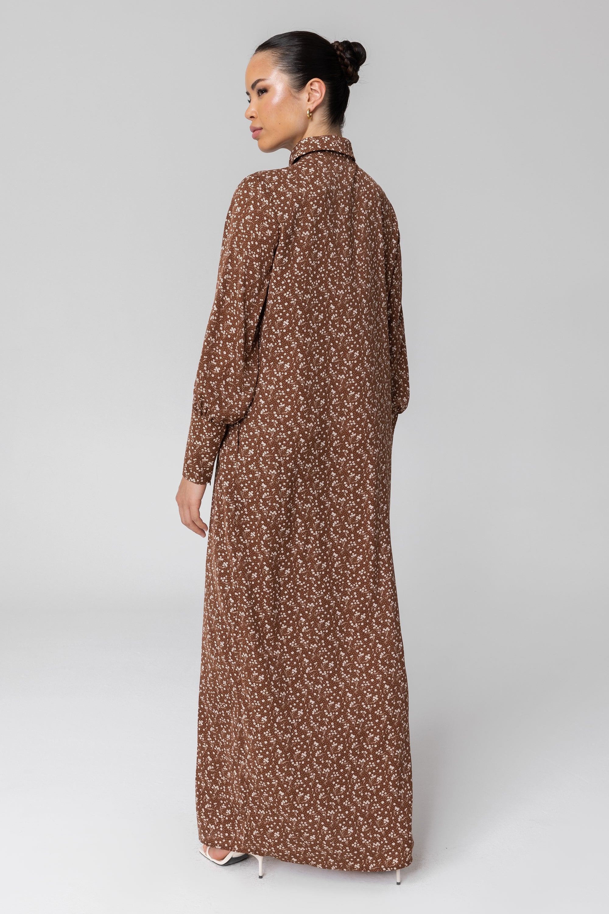 Brown Floral Button Down Maxi Shirt Dress Veiled Collection 