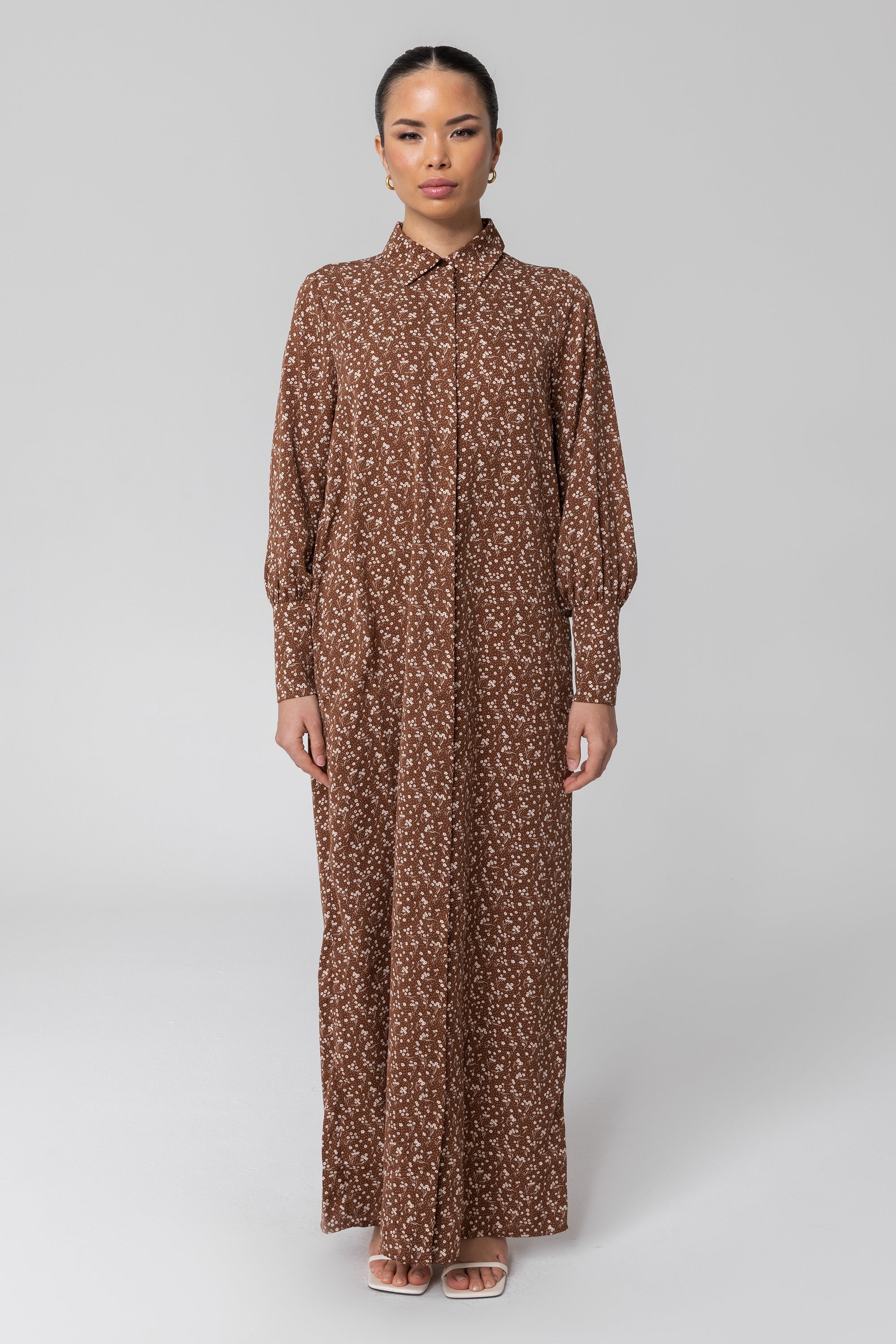 Brown Floral Button Down Maxi Shirt Dress Veiled Collection 