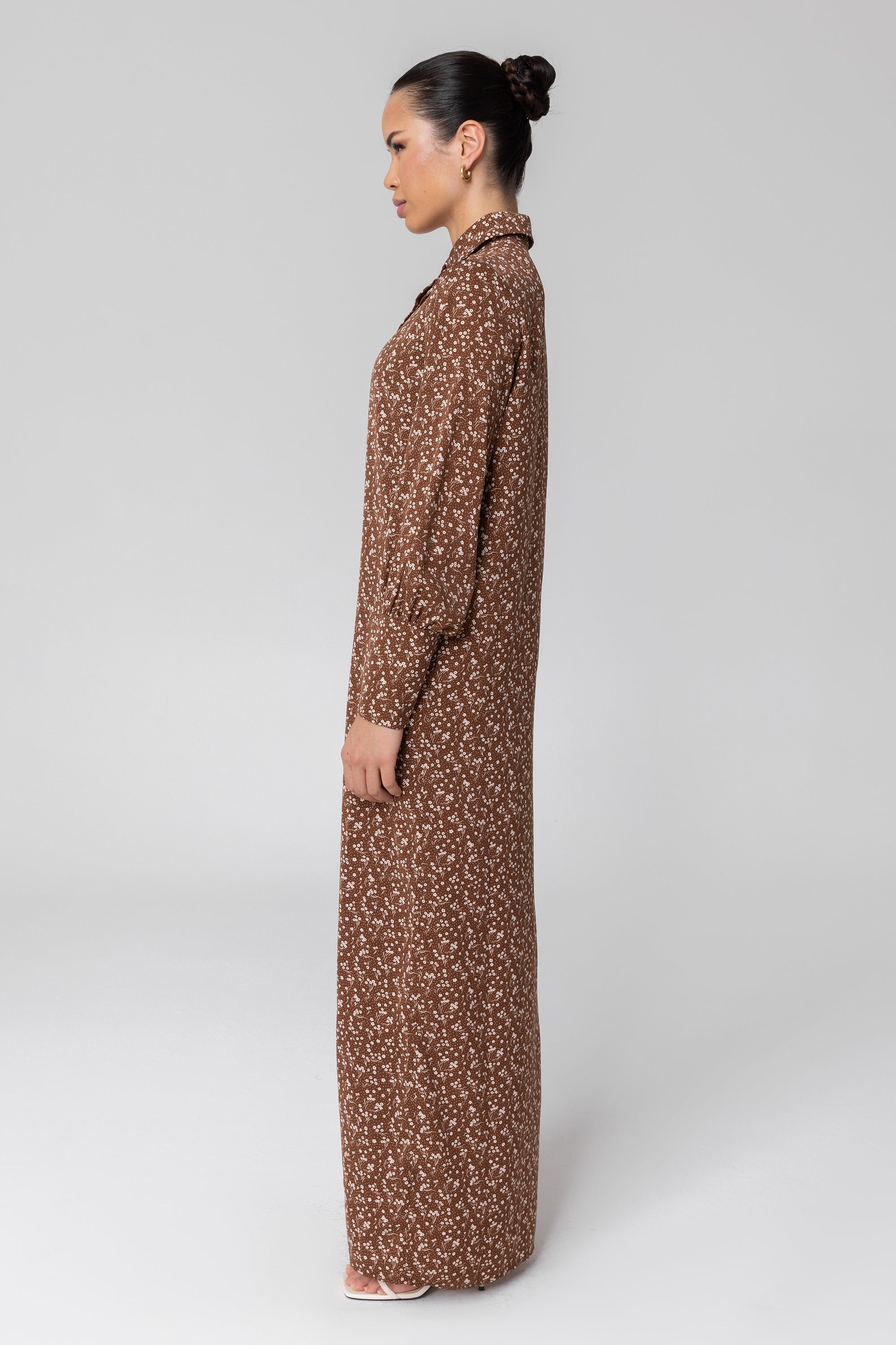 Brown Floral Button Down Maxi Shirt Dress Veiled Collection 