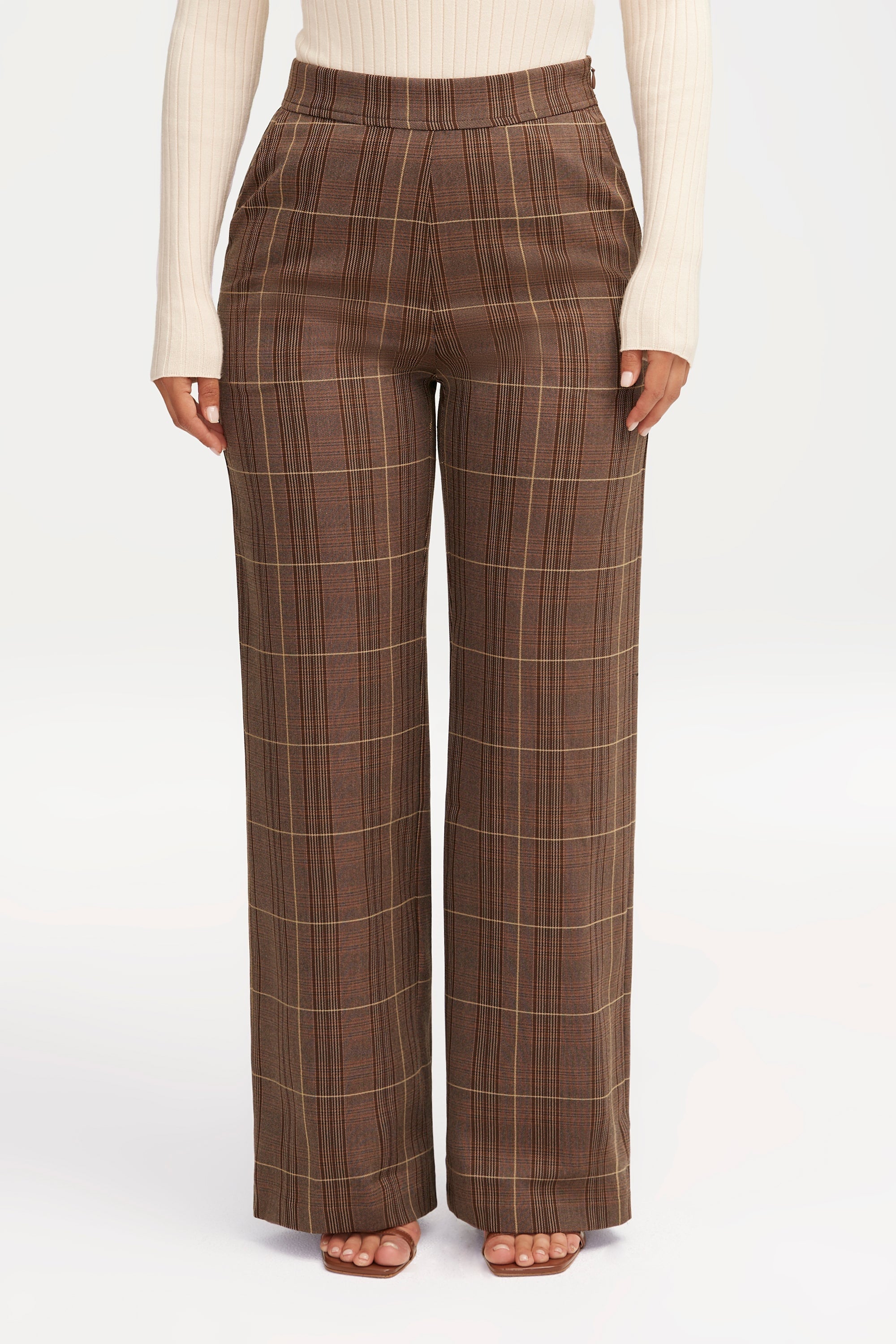 Brown Plaid Wide Leg Pants Clothing Veiled 