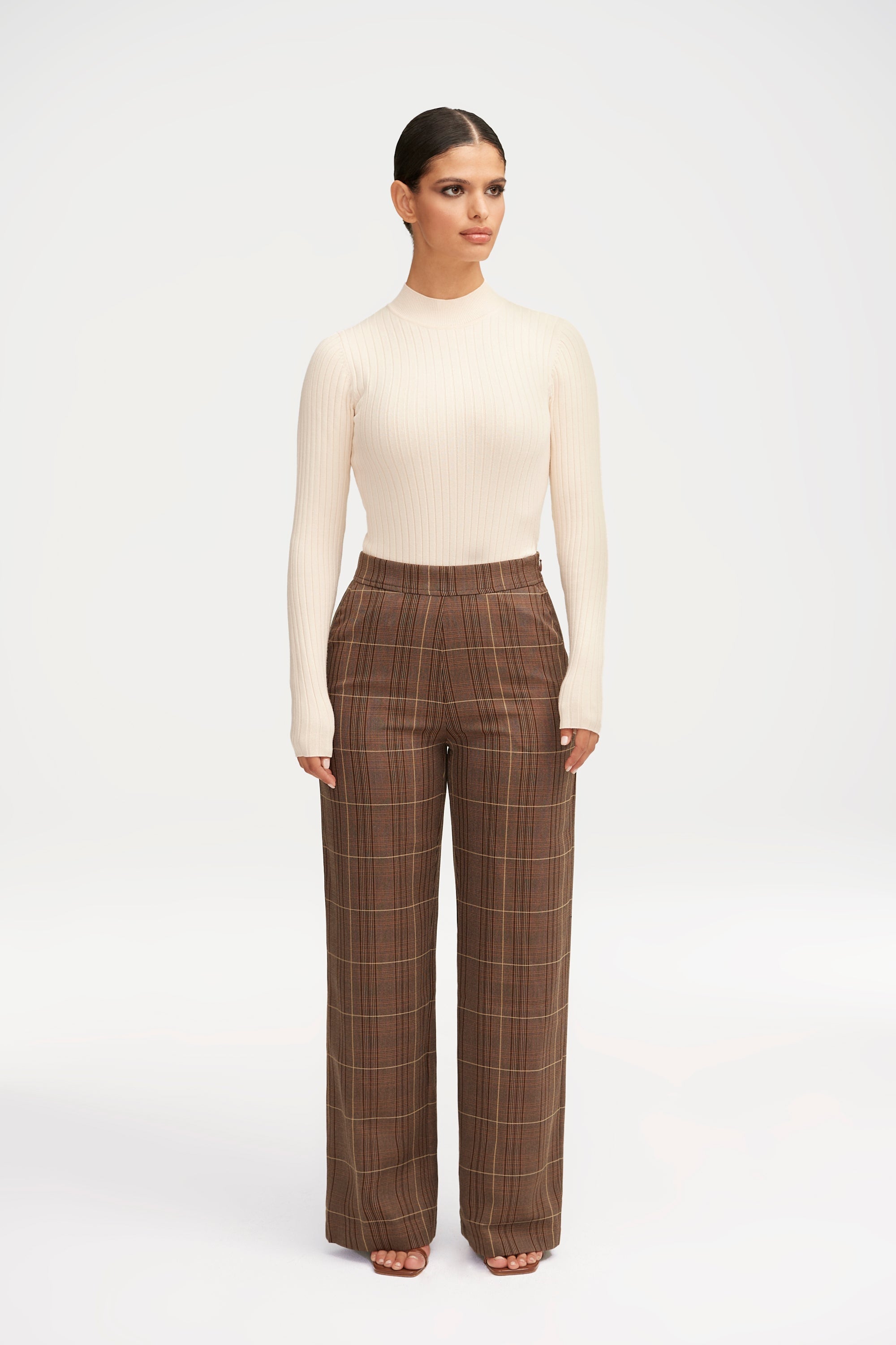 Brown Plaid Wide Leg Pants Clothing Veiled 