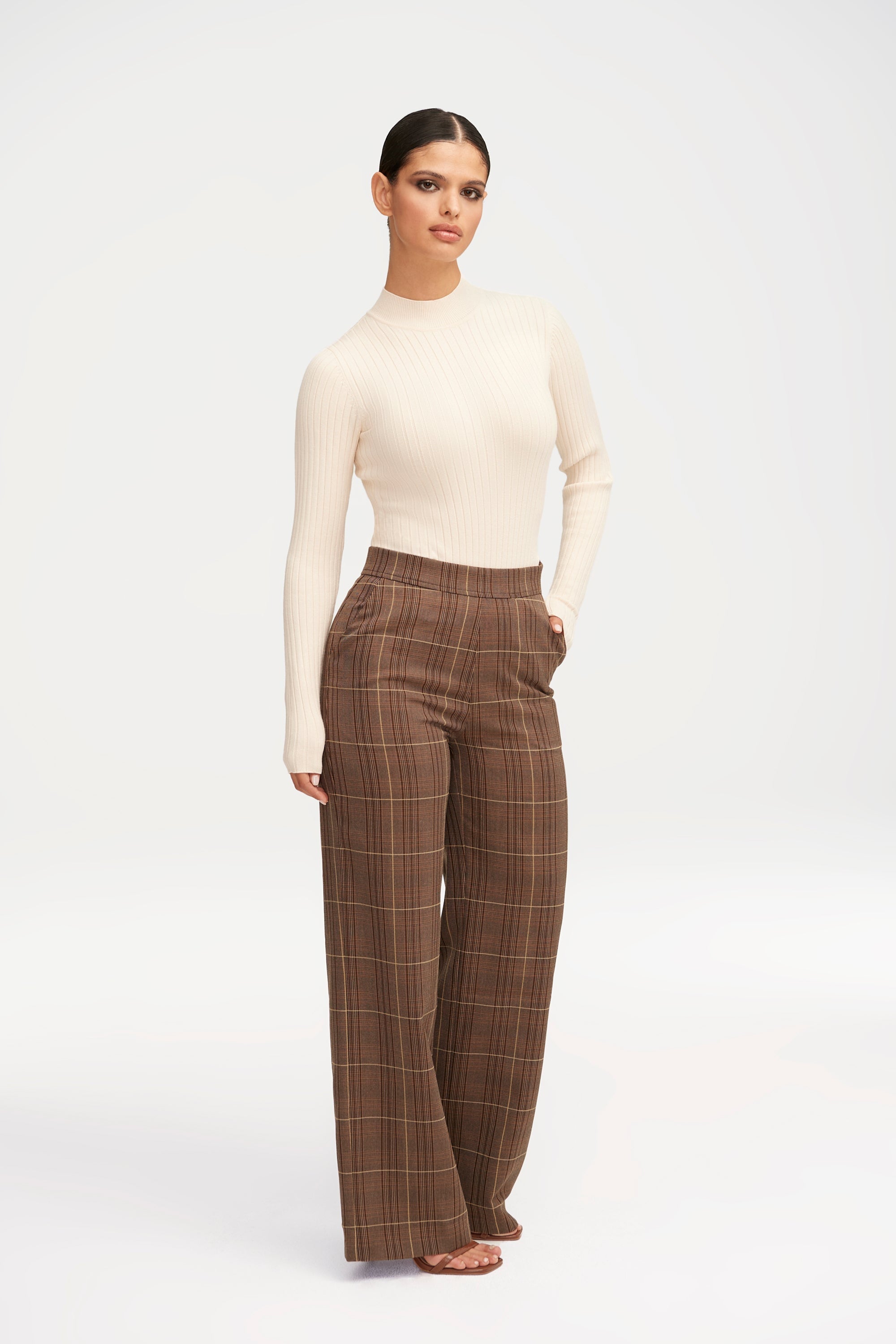 Brown Plaid Wide Leg Pants Clothing Veiled 