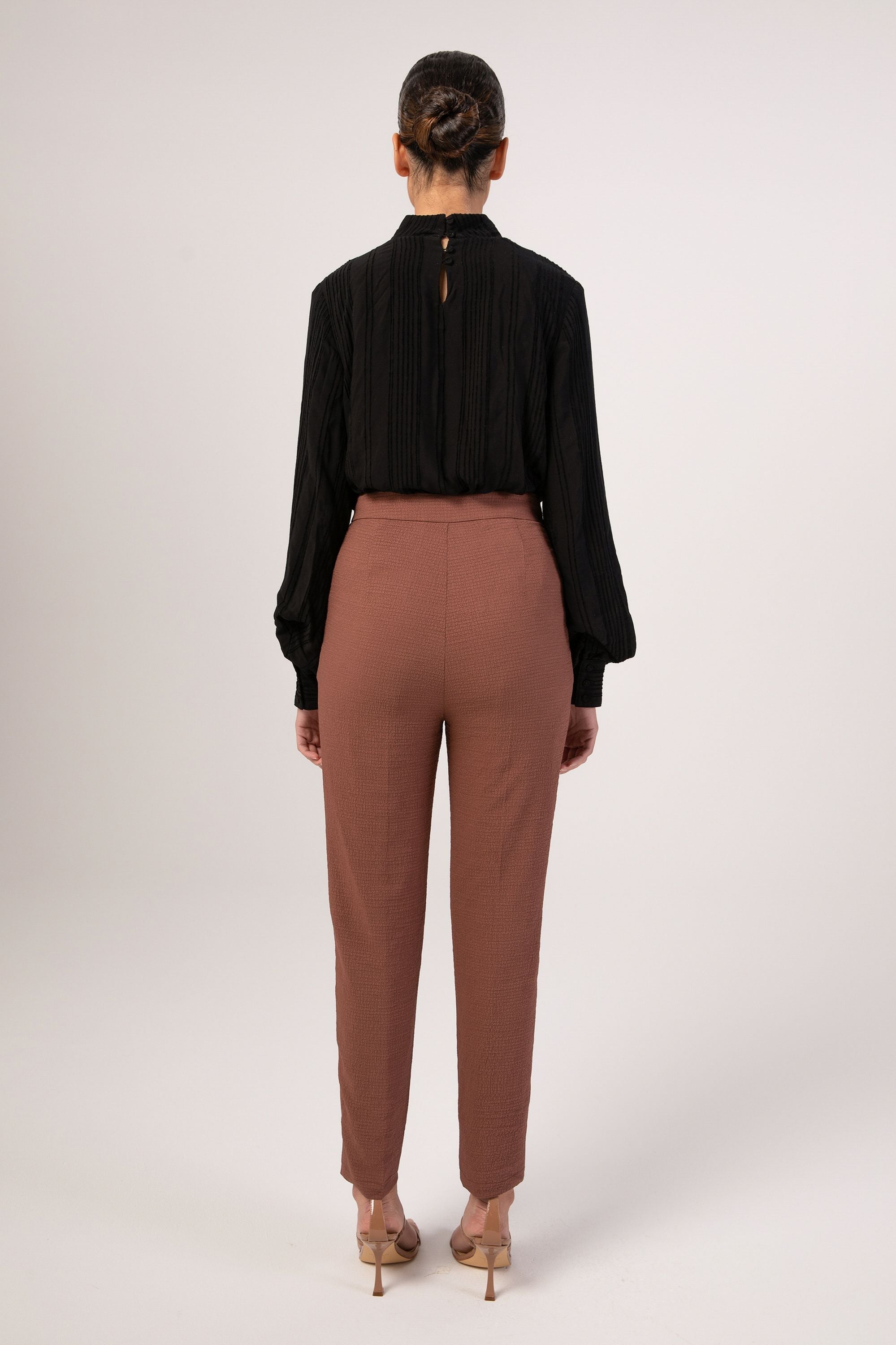 Brown Textured Straight Leg Trousers Veiled Collection 