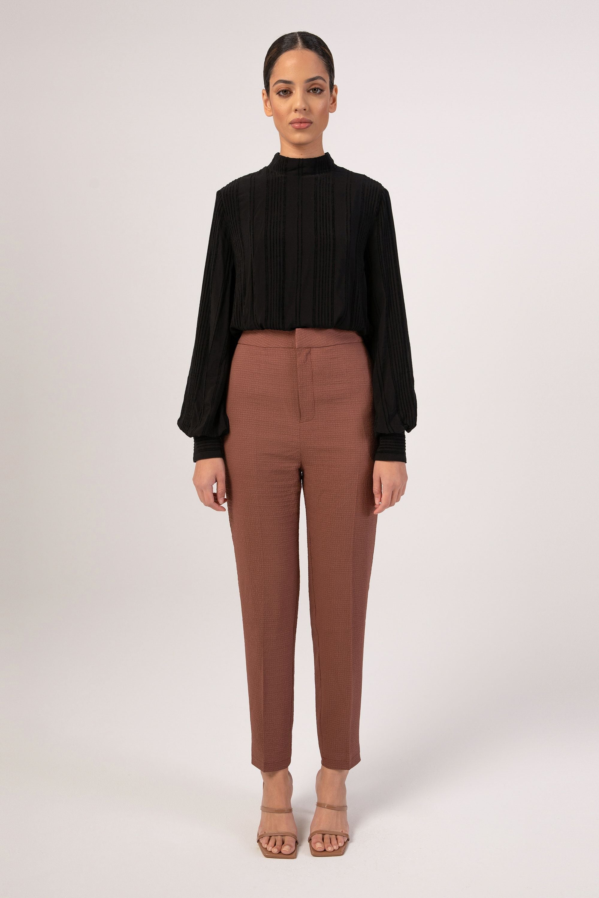 Brown Textured Straight Leg Trousers Veiled Collection 