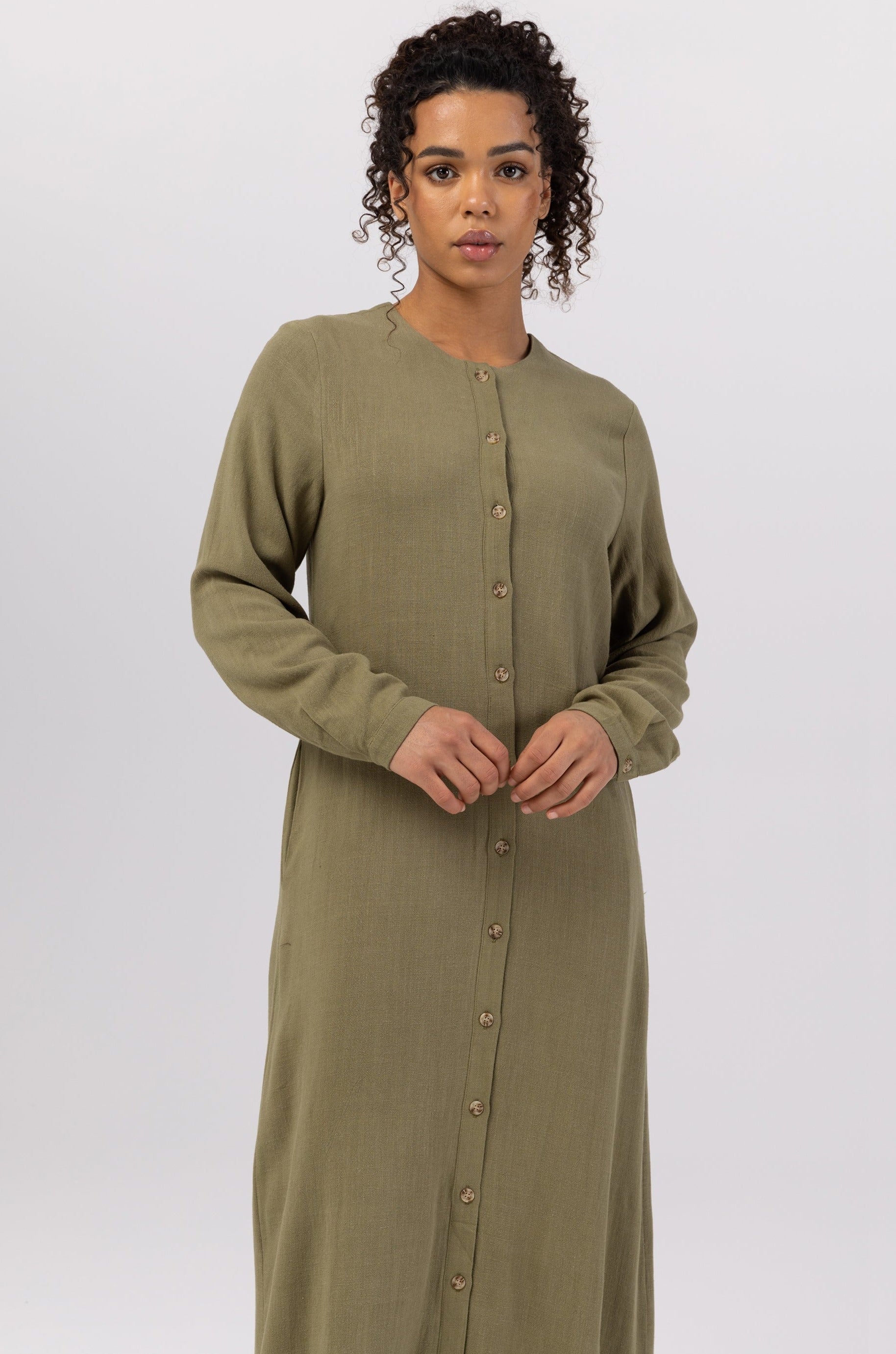 Elham Cotton Linen Maxi Shirt Dress - Avocado Veiled 