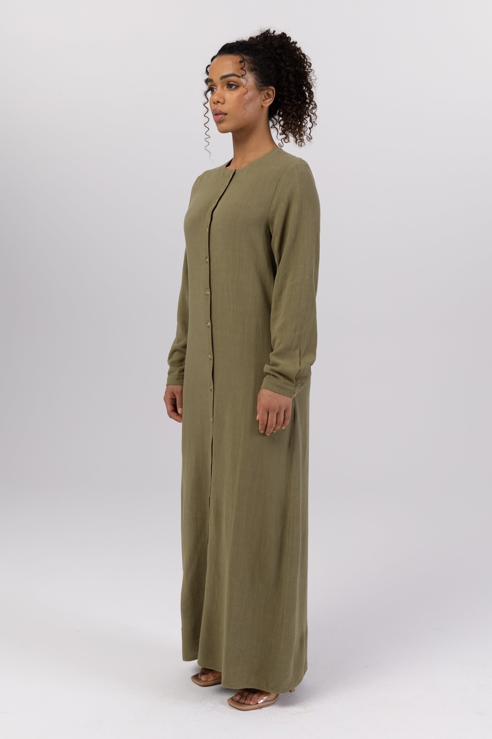 Elham Cotton Linen Maxi Shirt Dress - Avocado Veiled 