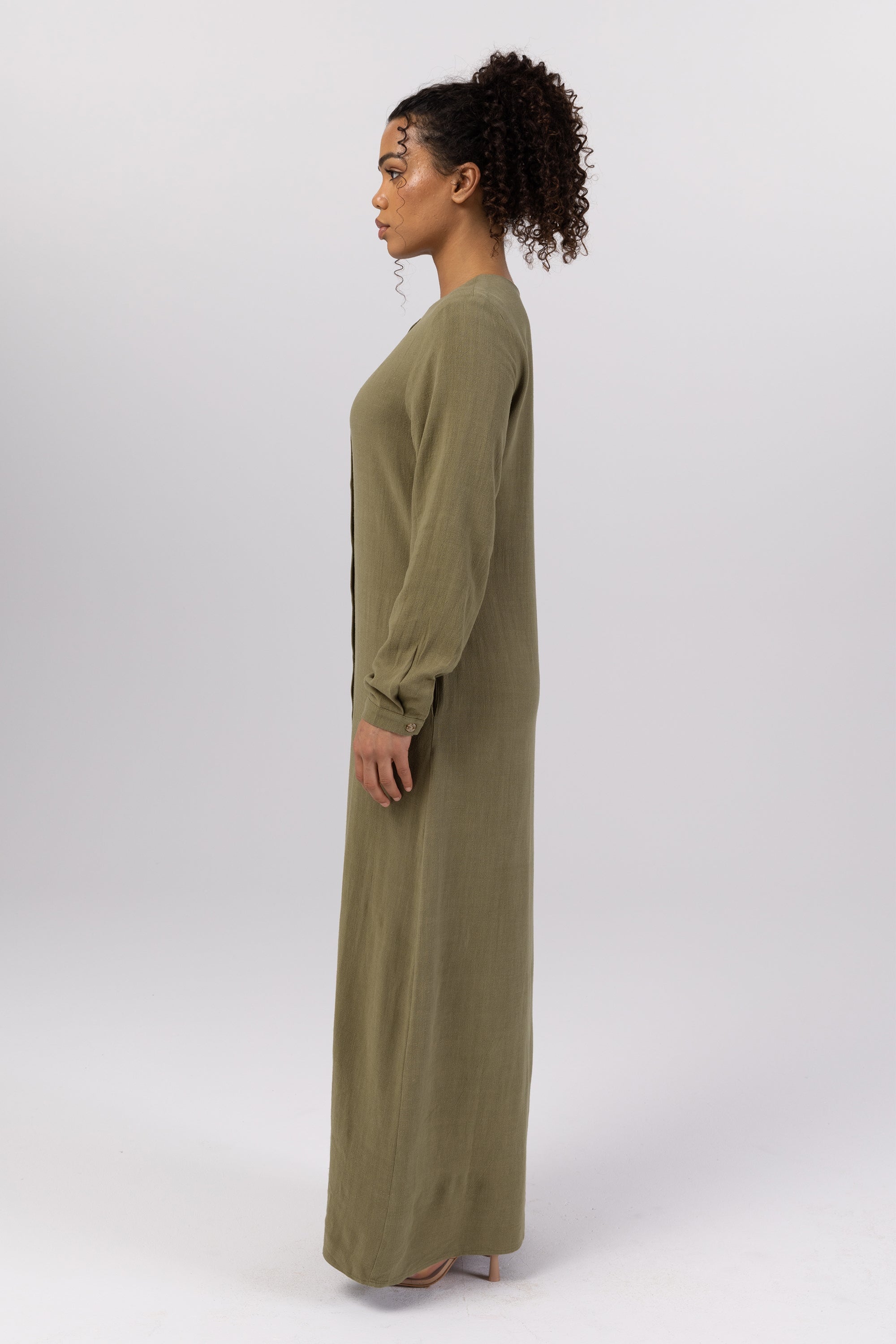 Elham Cotton Linen Maxi Shirt Dress - Avocado Veiled 