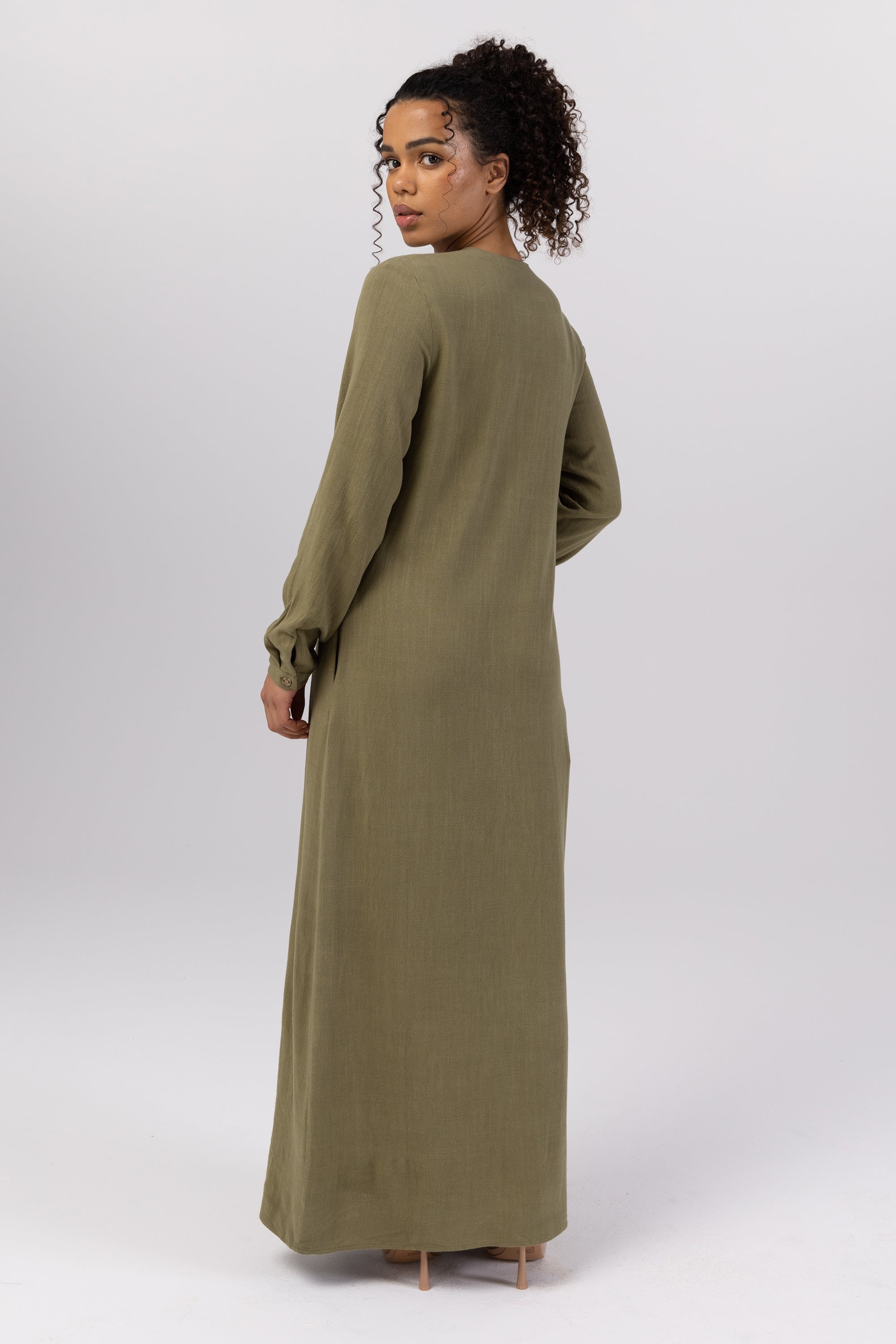 Elham Cotton Linen Maxi Shirt Dress - Avocado Veiled 