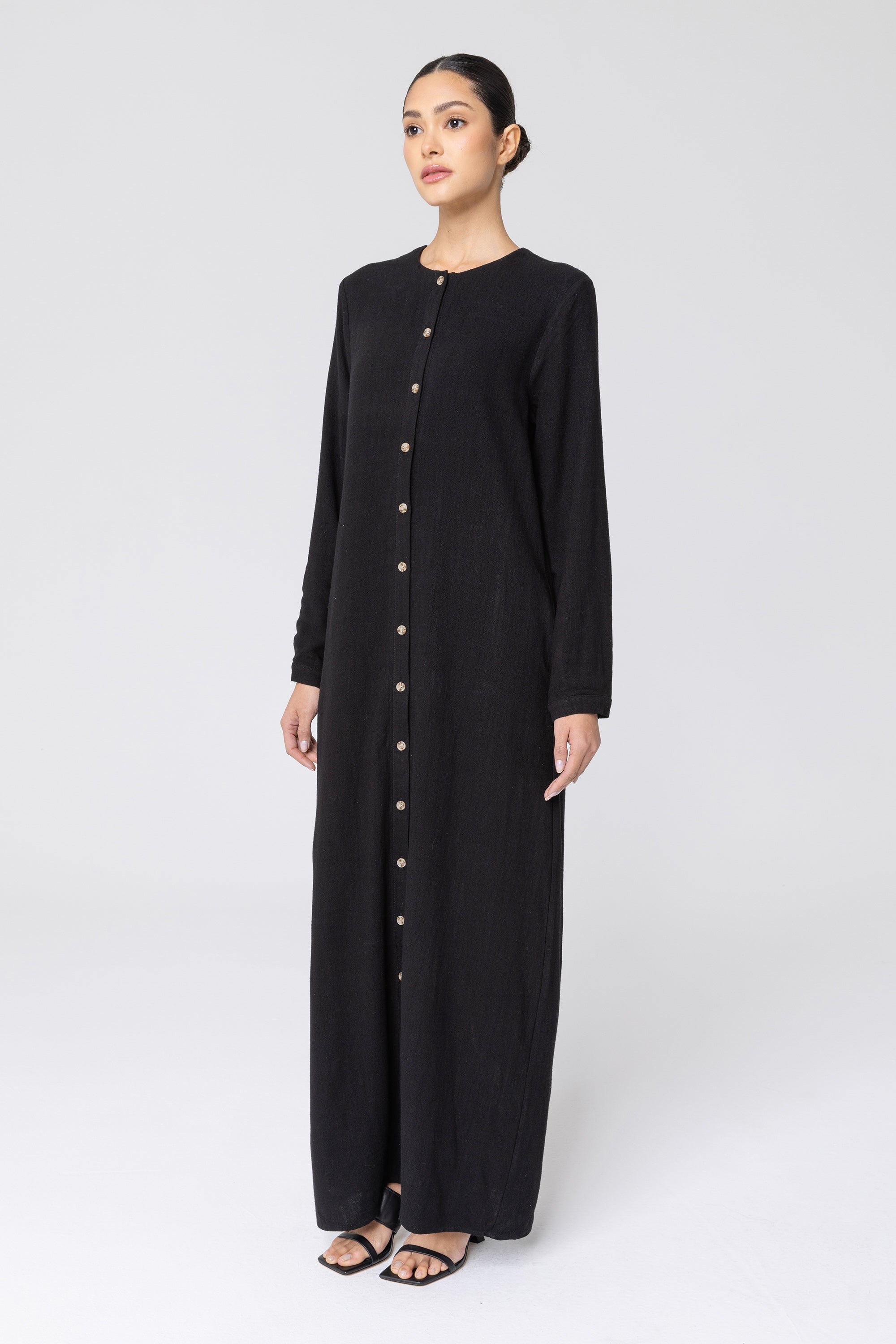 Elham Cotton Linen Maxi Shirt Dress - Black Veiled 