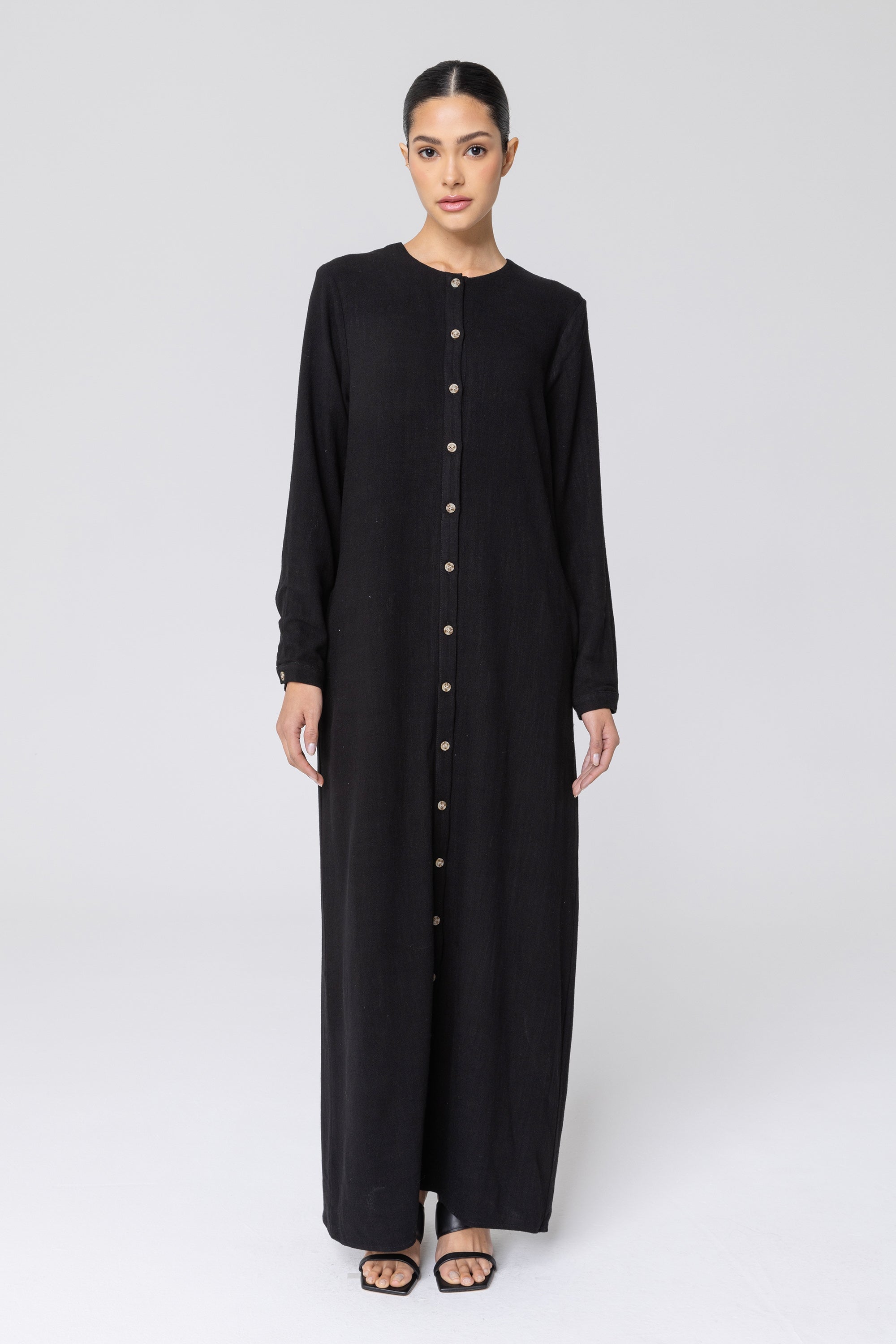 Elham Cotton Linen Maxi Shirt Dress - Black Veiled 