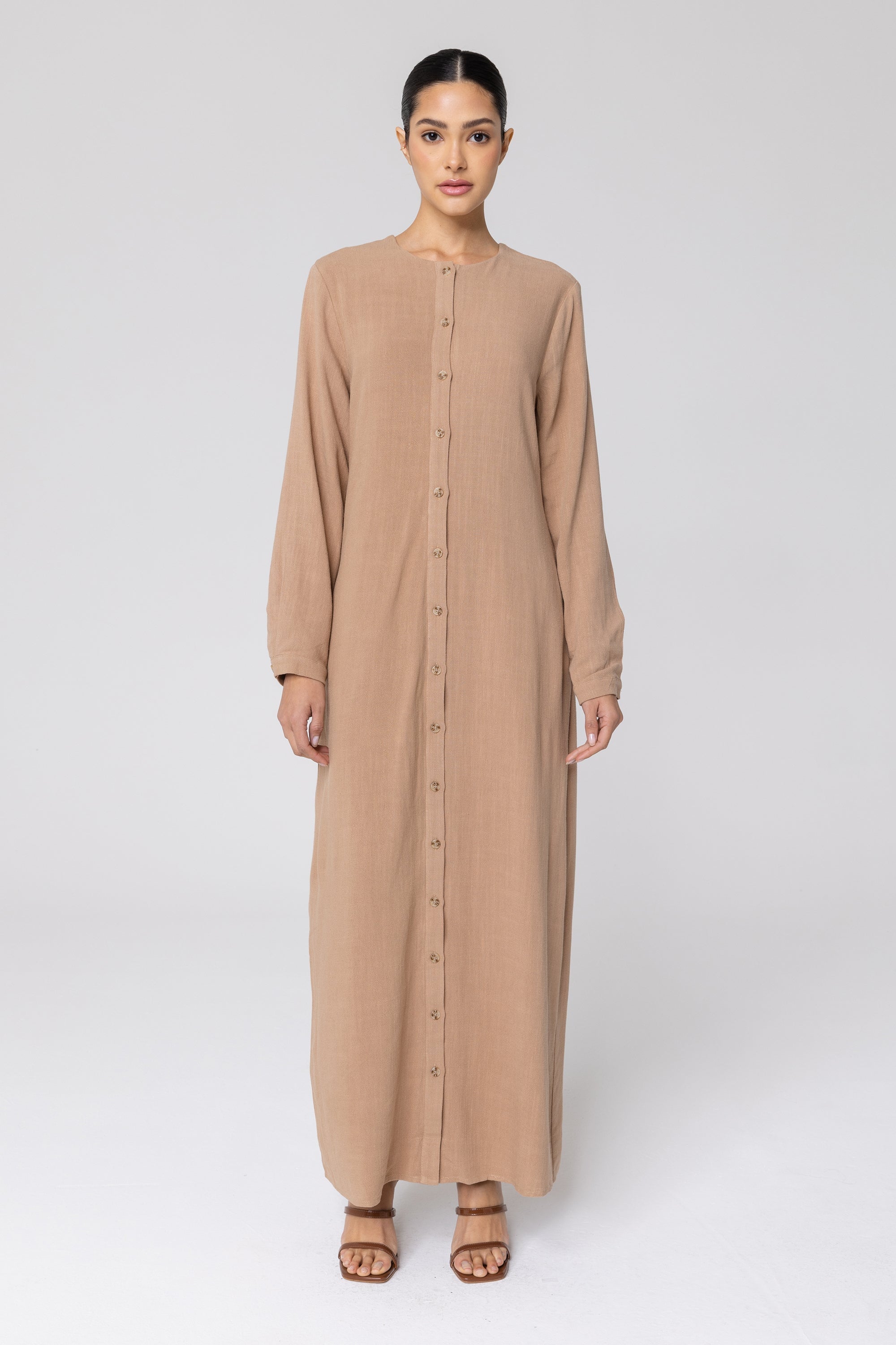 Elham Cotton Linen Maxi Shirt Dress - Caffe Veiled 