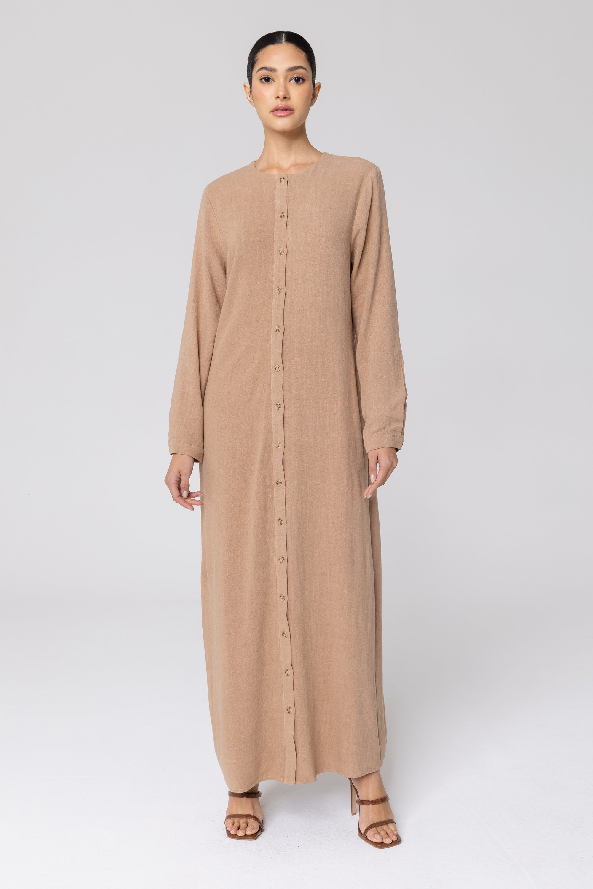 Elham Cotton Linen Maxi Shirt Dress - Caffe Veiled 