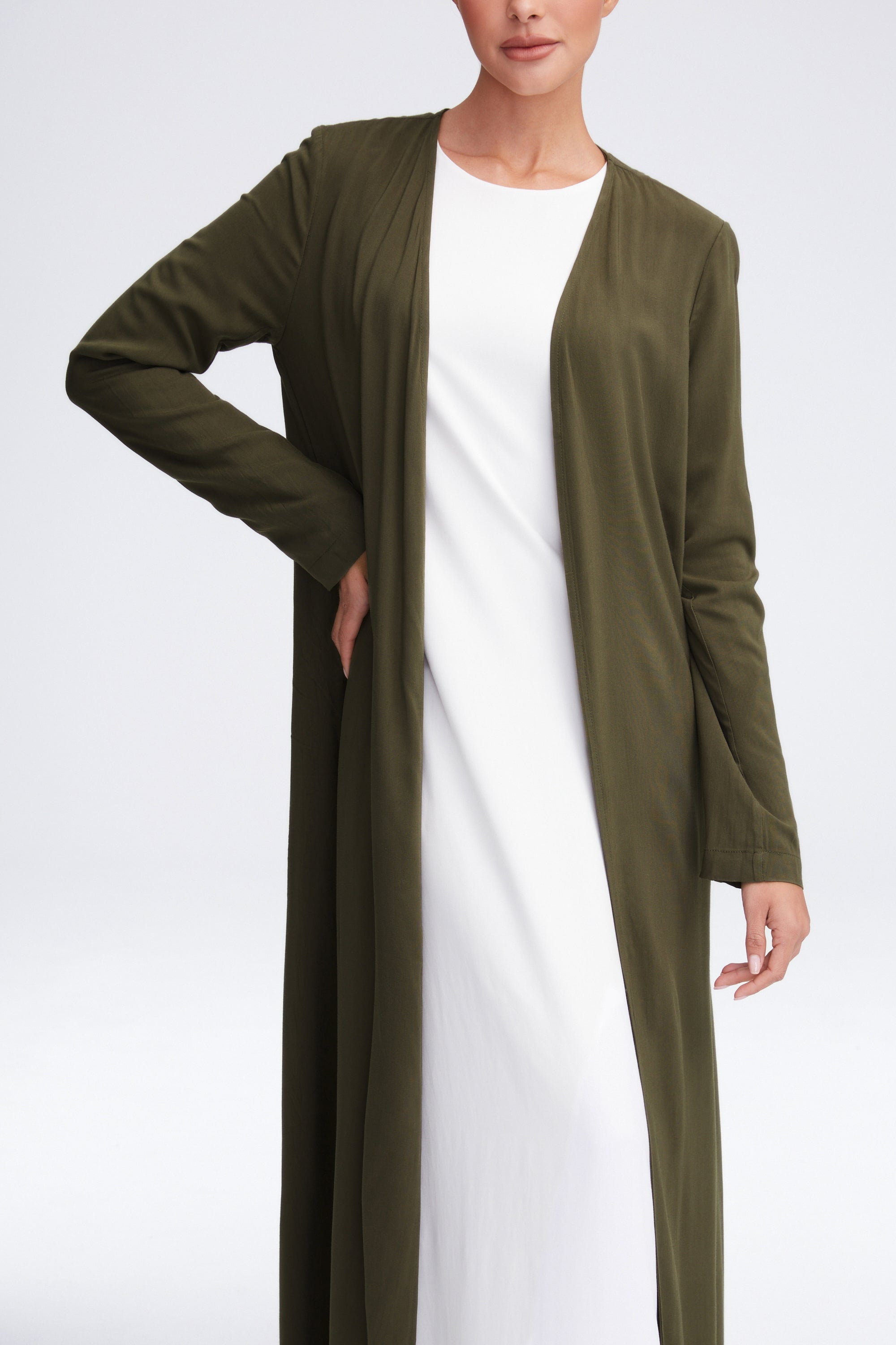 Essential Woven Open Abaya - Olive Clothing Veiled 