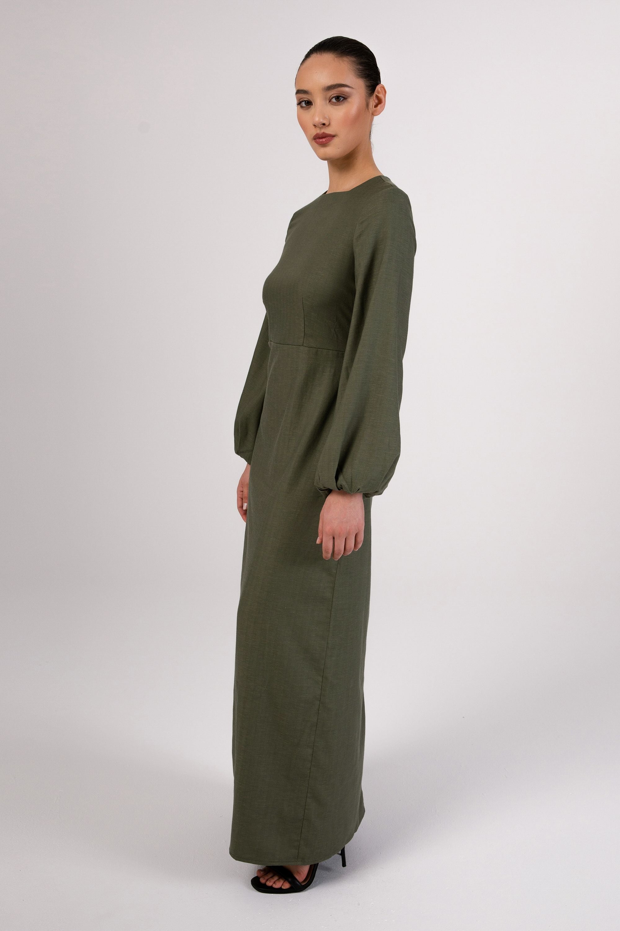 Farida Linen Maxi Dress - Loden Frost Veiled Collection 