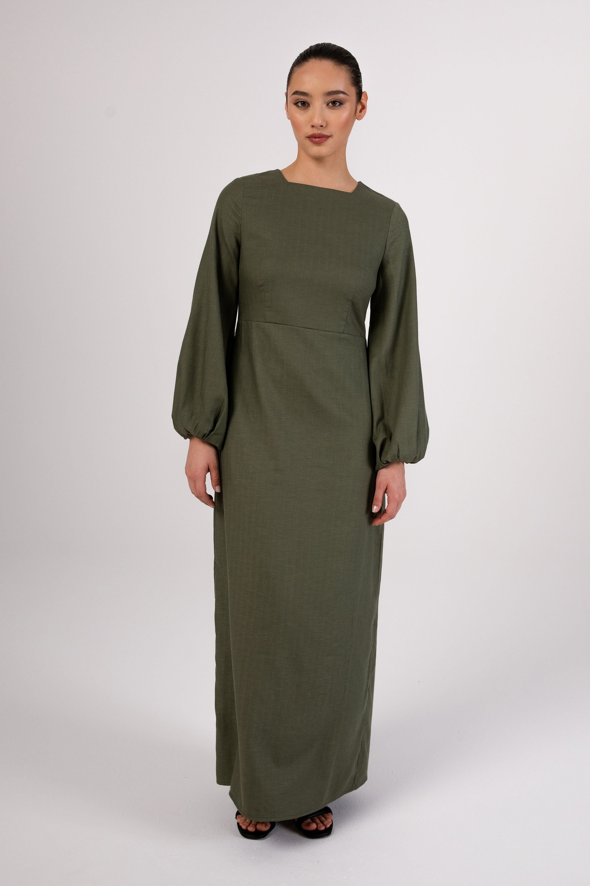 Farida Linen Maxi Dress - Loden Frost Veiled Collection 