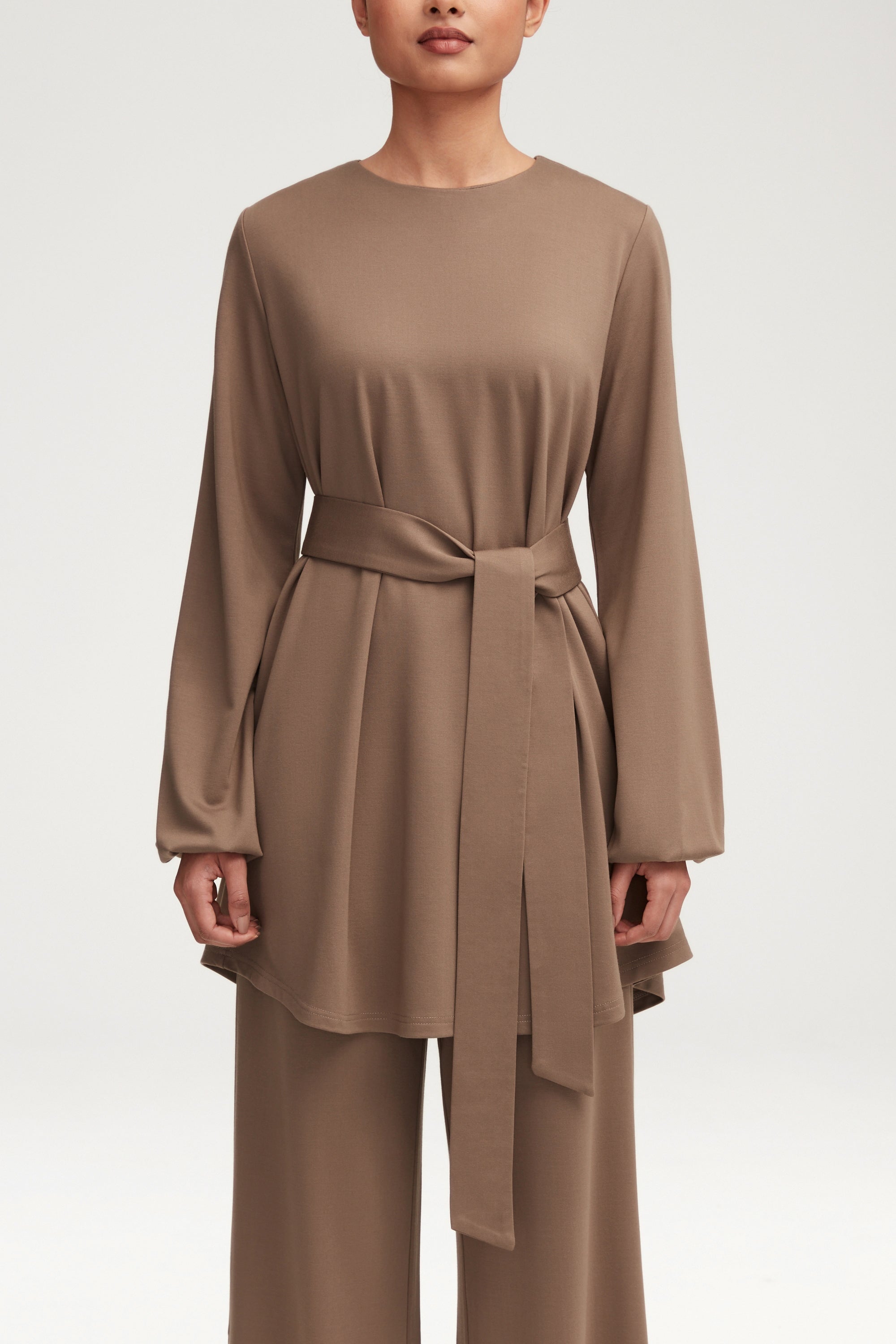 Fatima Everyday Belted Jersey Top - Dark Taupe Clothing Veiled 