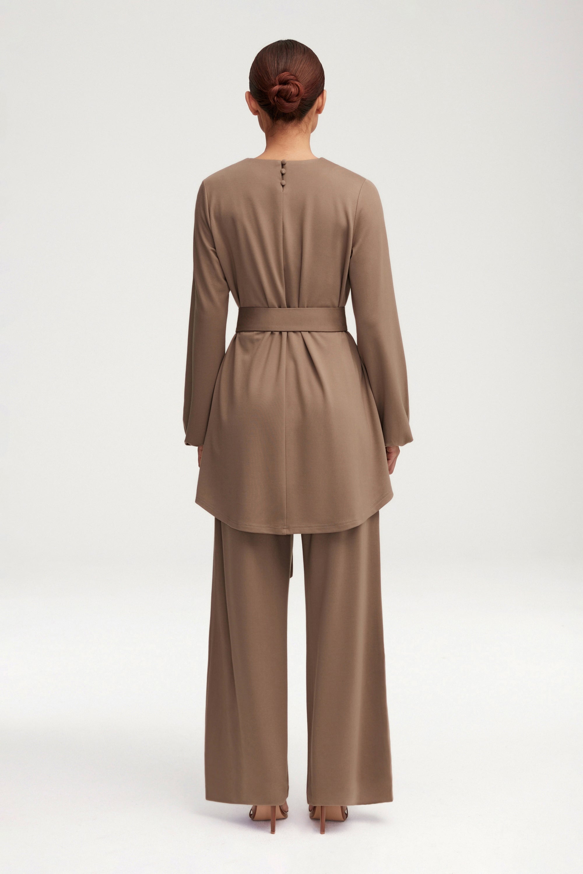 Fatima Everyday Belted Jersey Top - Dark Taupe Clothing Veiled 