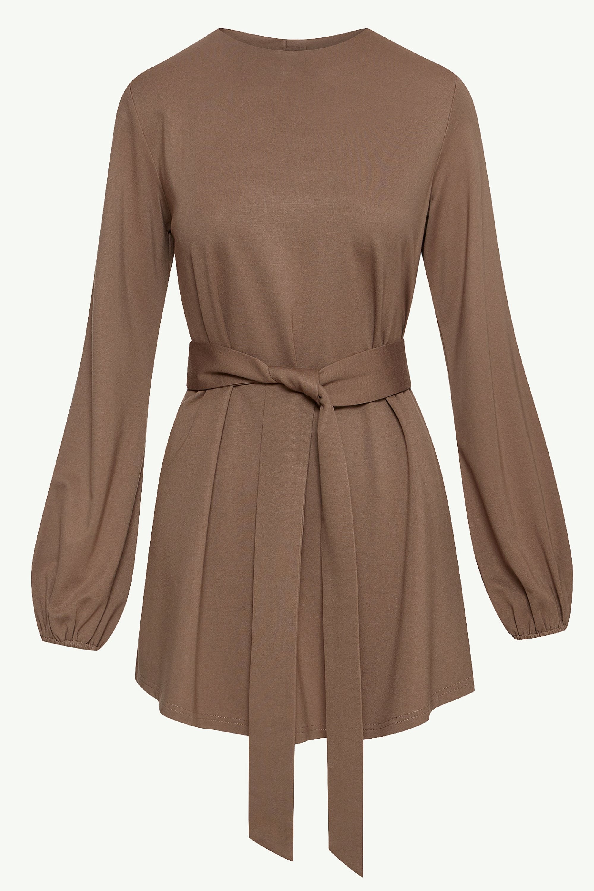 Fatima Everyday Belted Jersey Top - Dark Taupe Clothing Veiled 