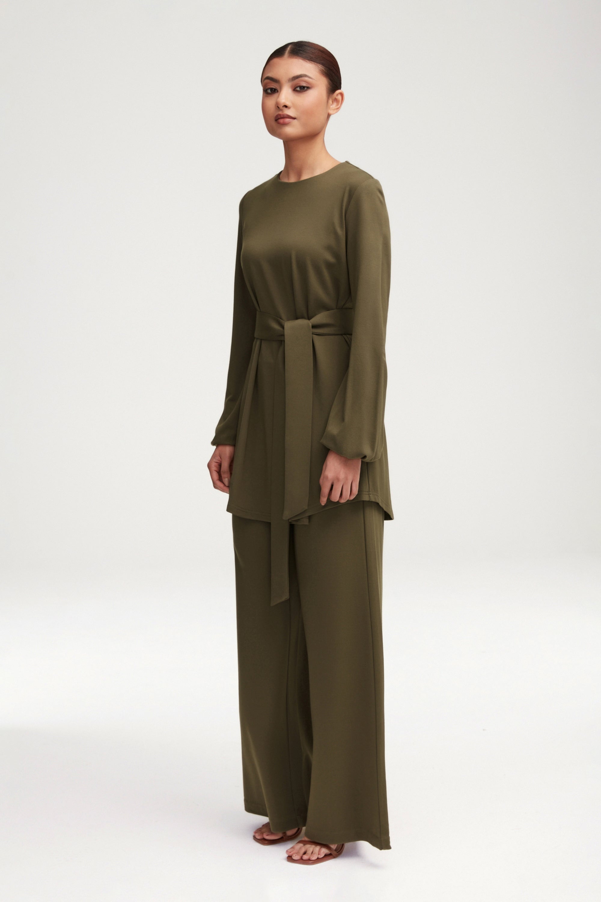 Fatima Everyday Belted Jersey Top - Olive Clothing Veiled 