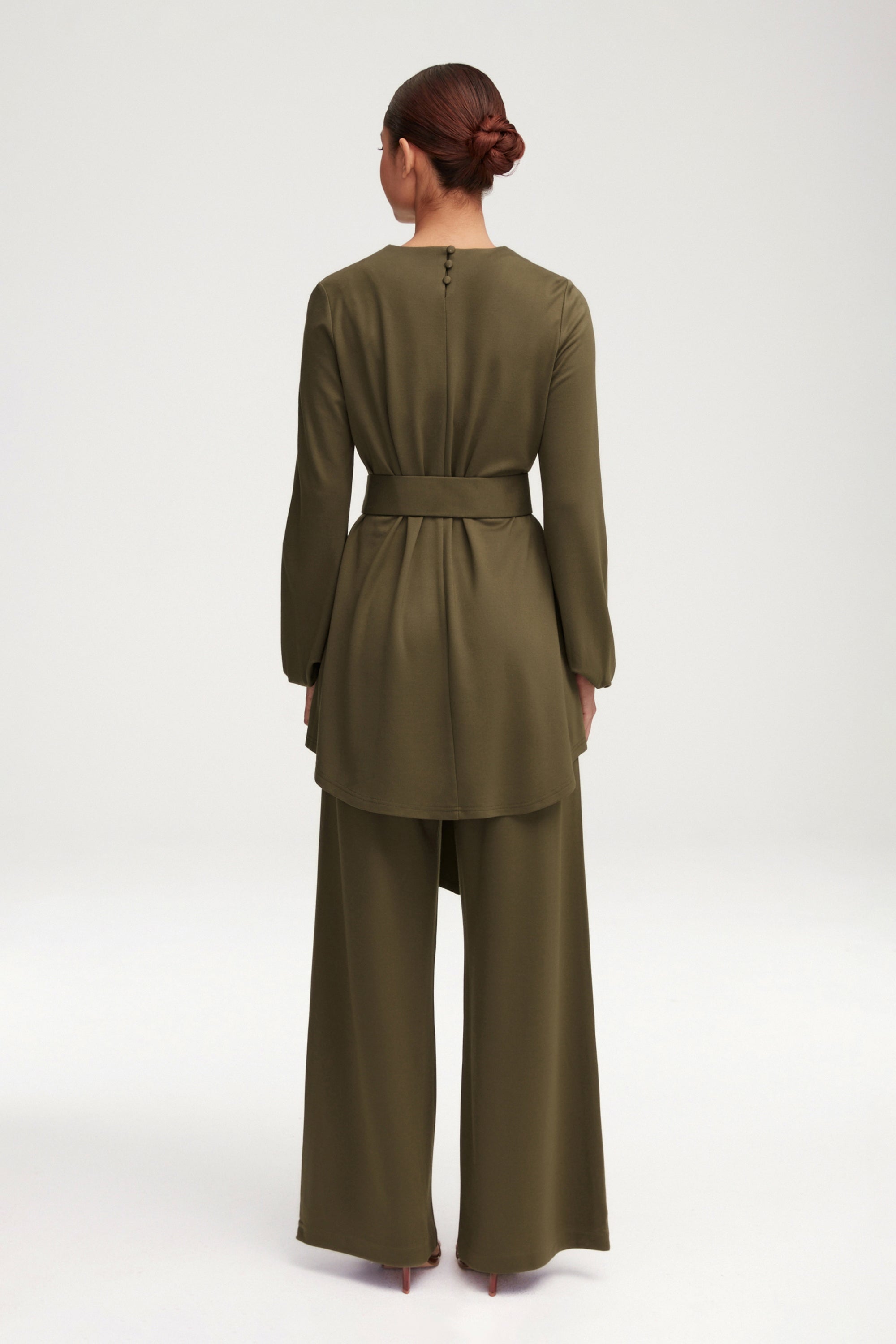 Fatima Everyday Belted Jersey Top - Olive Clothing Veiled 