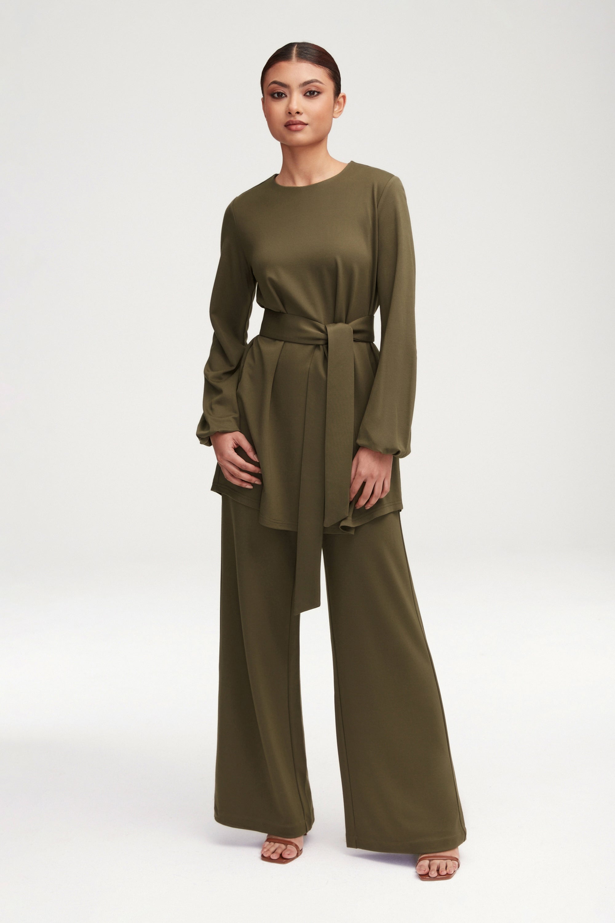 Fatima Everyday Belted Jersey Top - Olive Clothing Veiled 