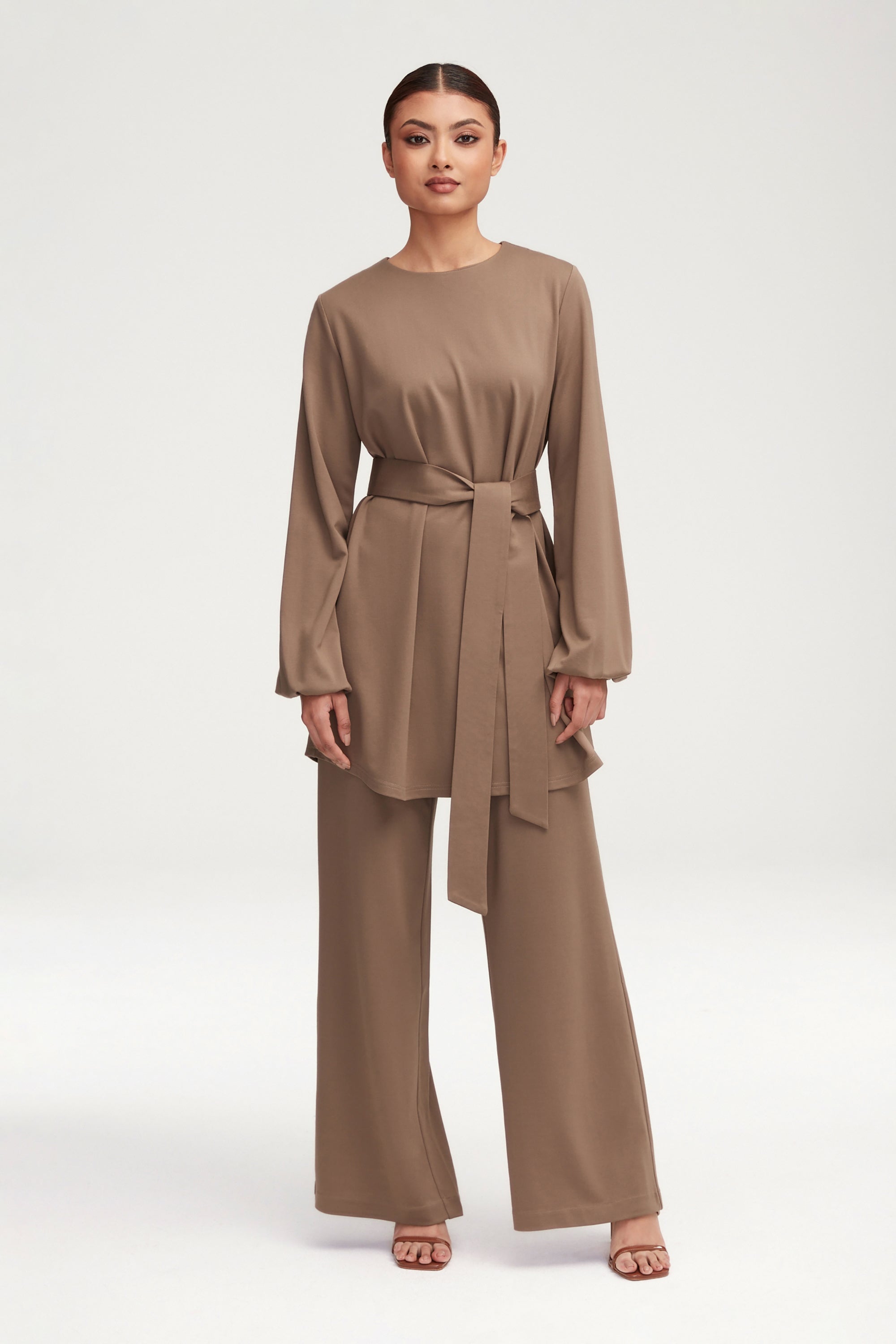 Fatima Everyday Wide Leg Jersey Pants - Dark Taupe Clothing Veiled 