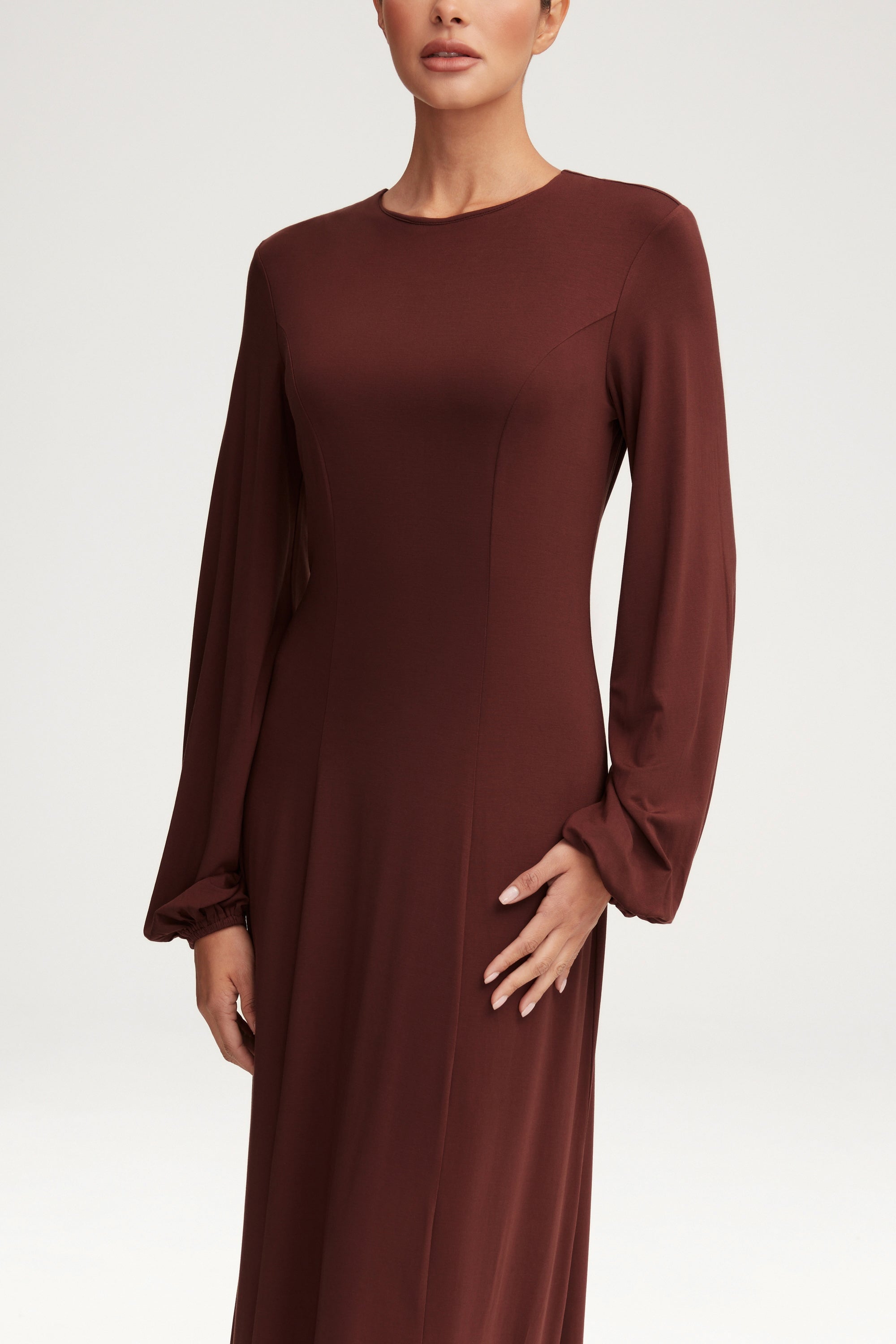 Hayat Jersey Princess Seam Maxi Dress - Chocolate Clothing Veiled 