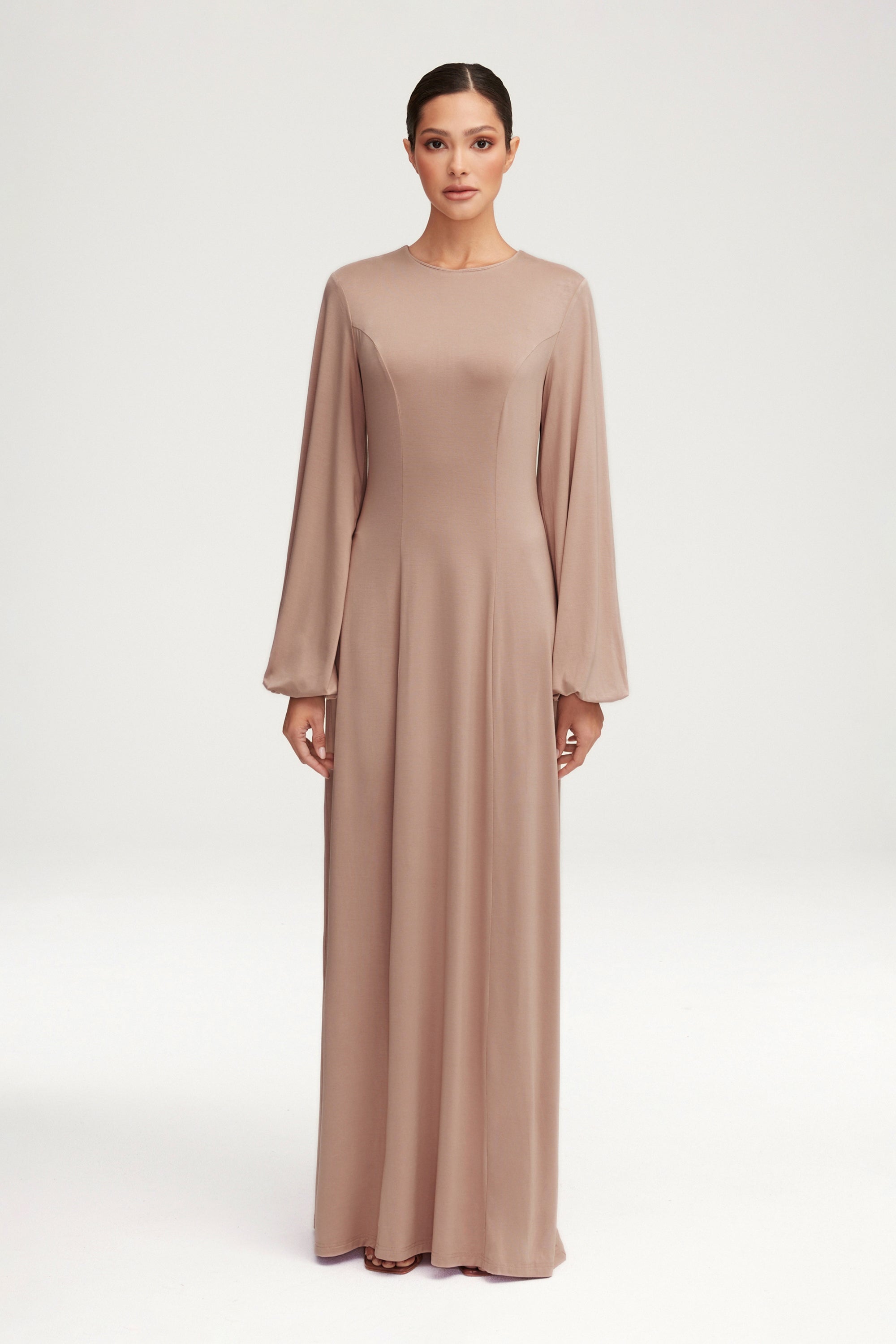 Hayat Jersey Princess Seam Maxi Dress - Mink Clothing Veiled 