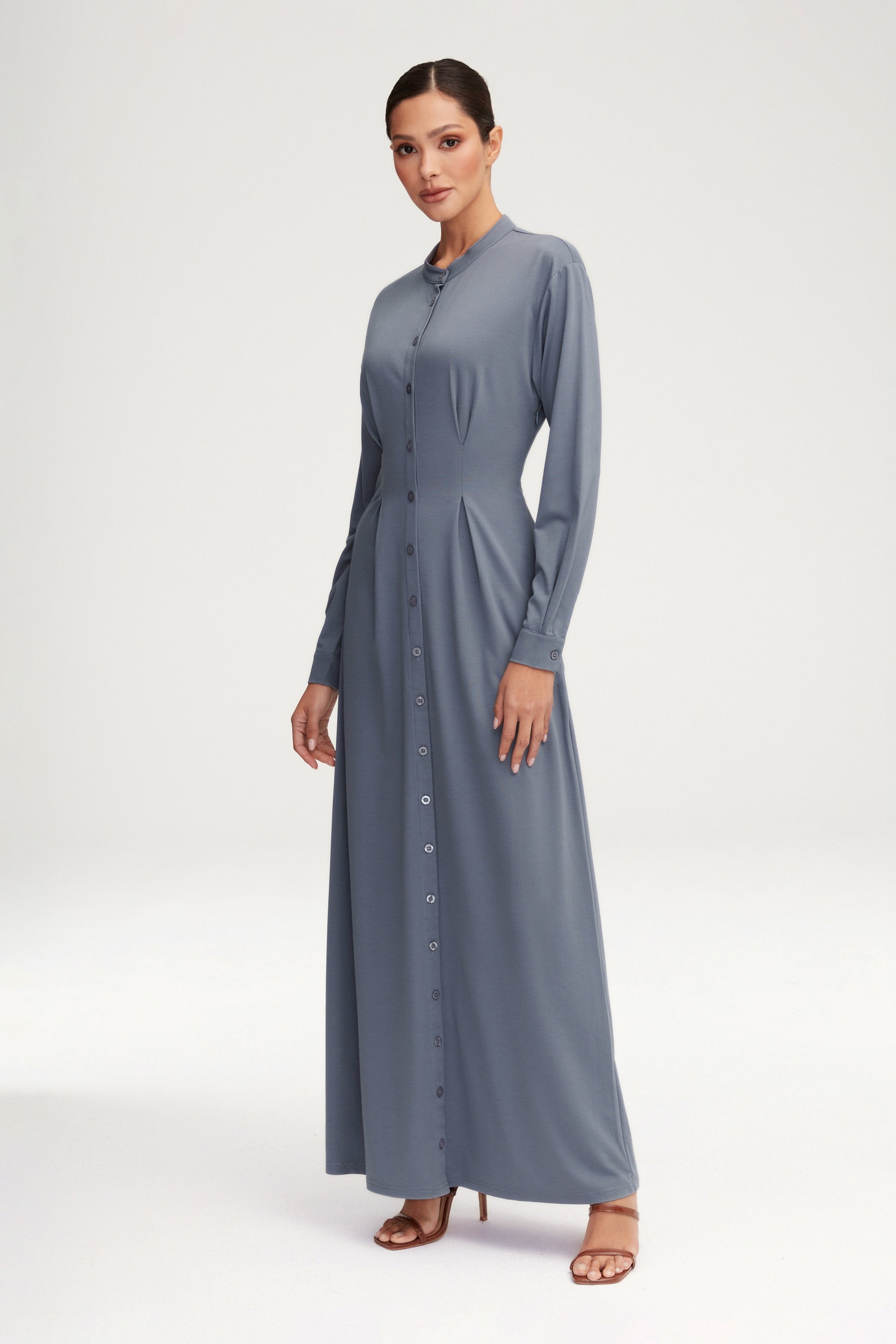 Ivy Jersey Button Down Maxi Dress - Dusk Blue Clothing Veiled 