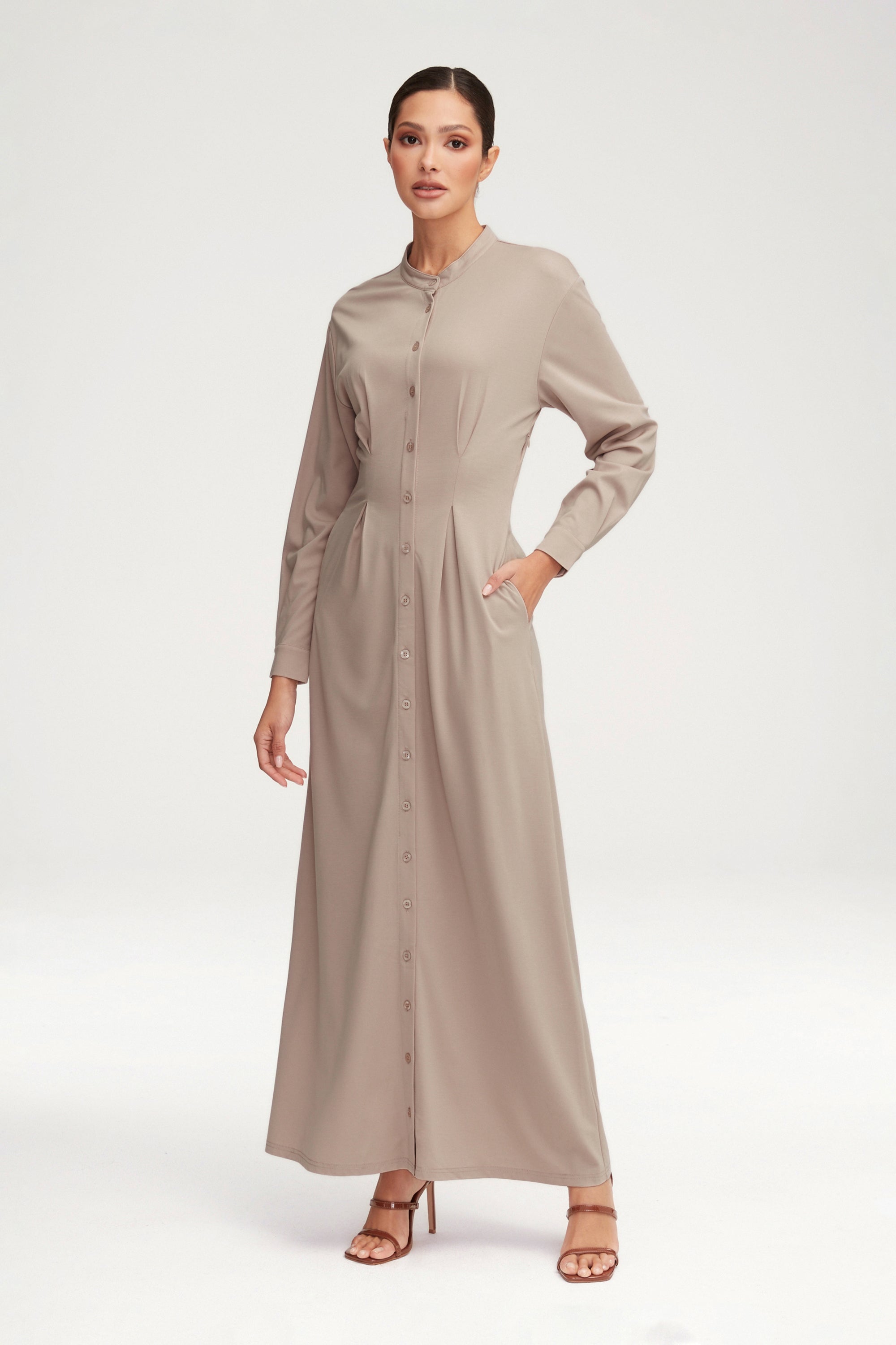 Ivy Jersey Button Down Maxi Dress - Stone Clothing Veiled 